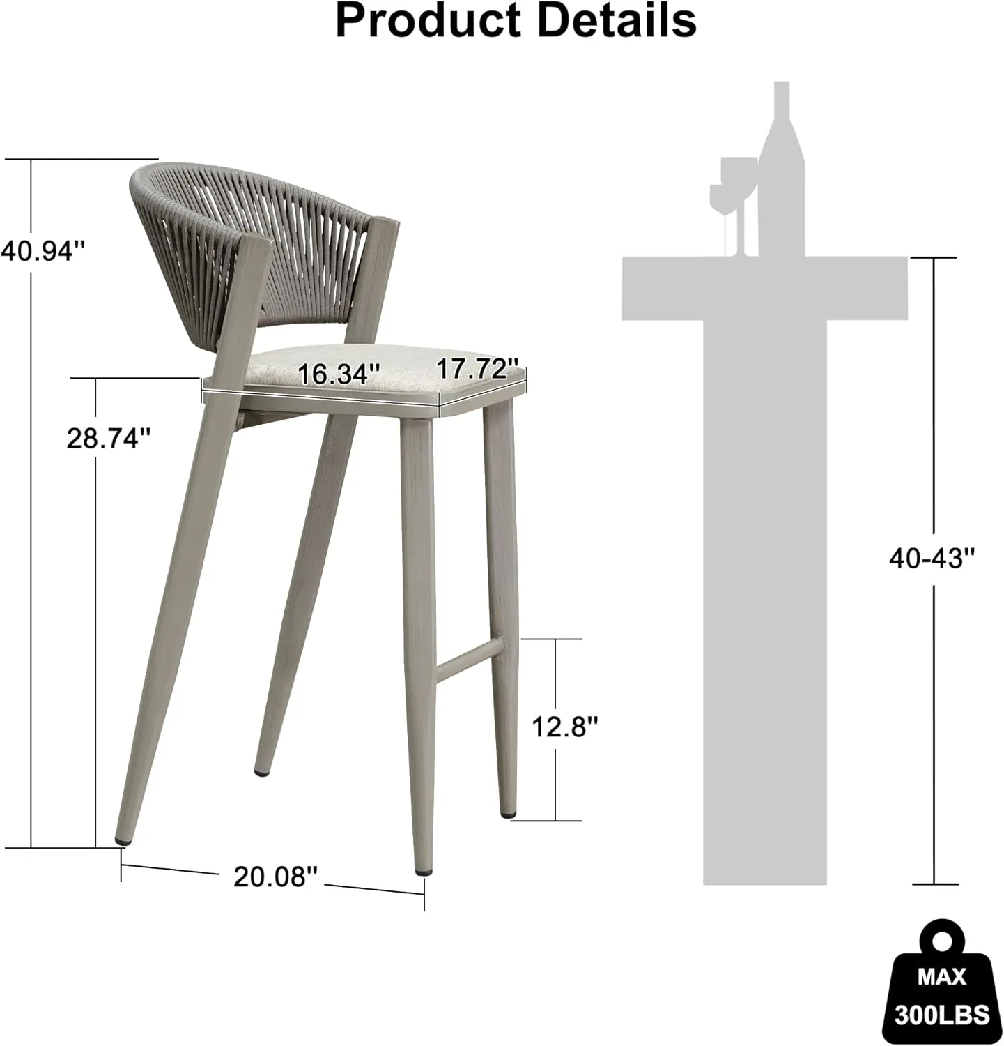 PURPLE LEAF Set of 2 Bar Stools Outdoor Barstools with Footrest Farmhouse Metal Bar Height Stools for Indoor Wicker Gray Bar Chairs