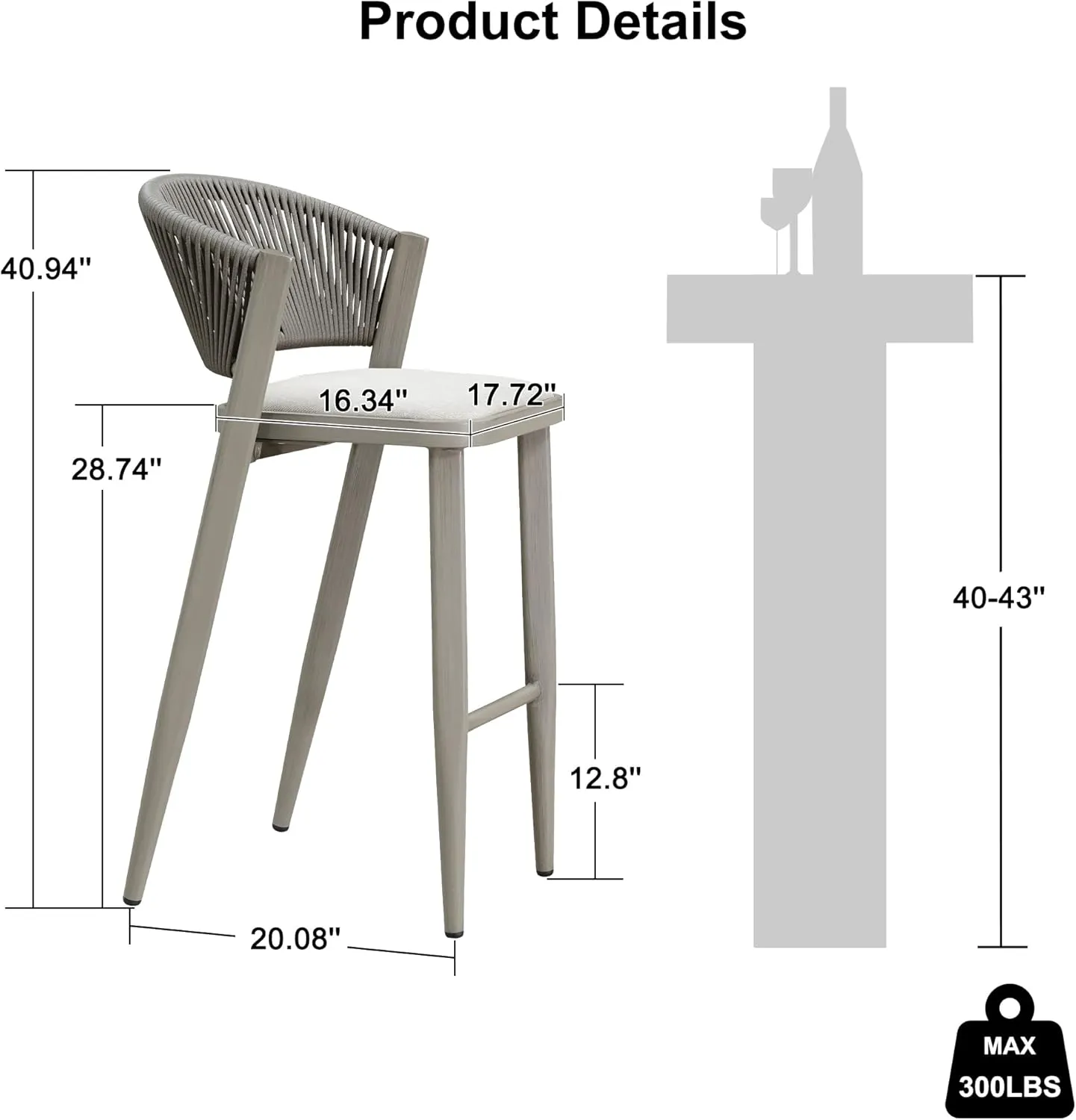 PURPLE LEAF Set of 2 Bar Stools Outdoor Barstools with Footrest Farmhouse Metal Bar Height Stools Wicker Gray Bar Chairs