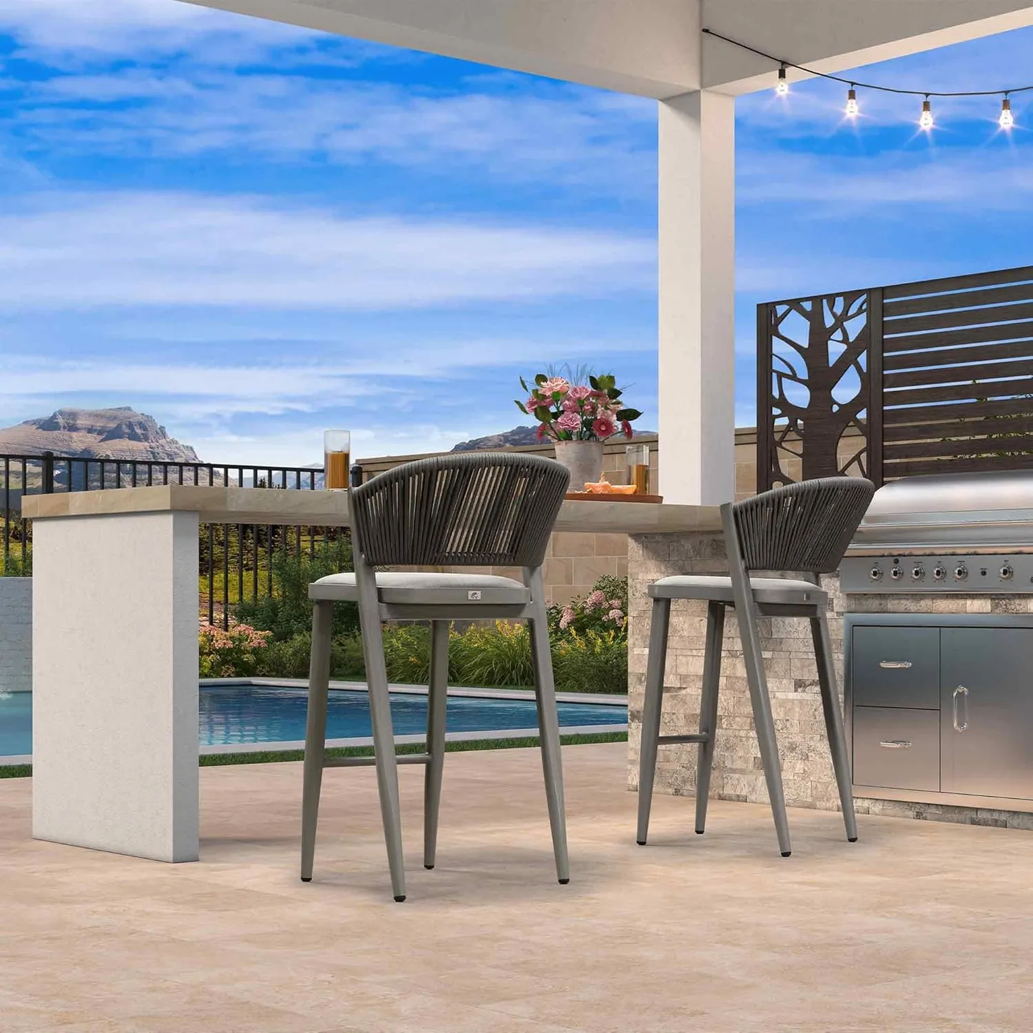 PURPLE LEAF Set of 2 Bar Stools Outdoor Barstools with Footrest Farmhouse Metal Bar Height Stools Wicker Gray Bar Chairs