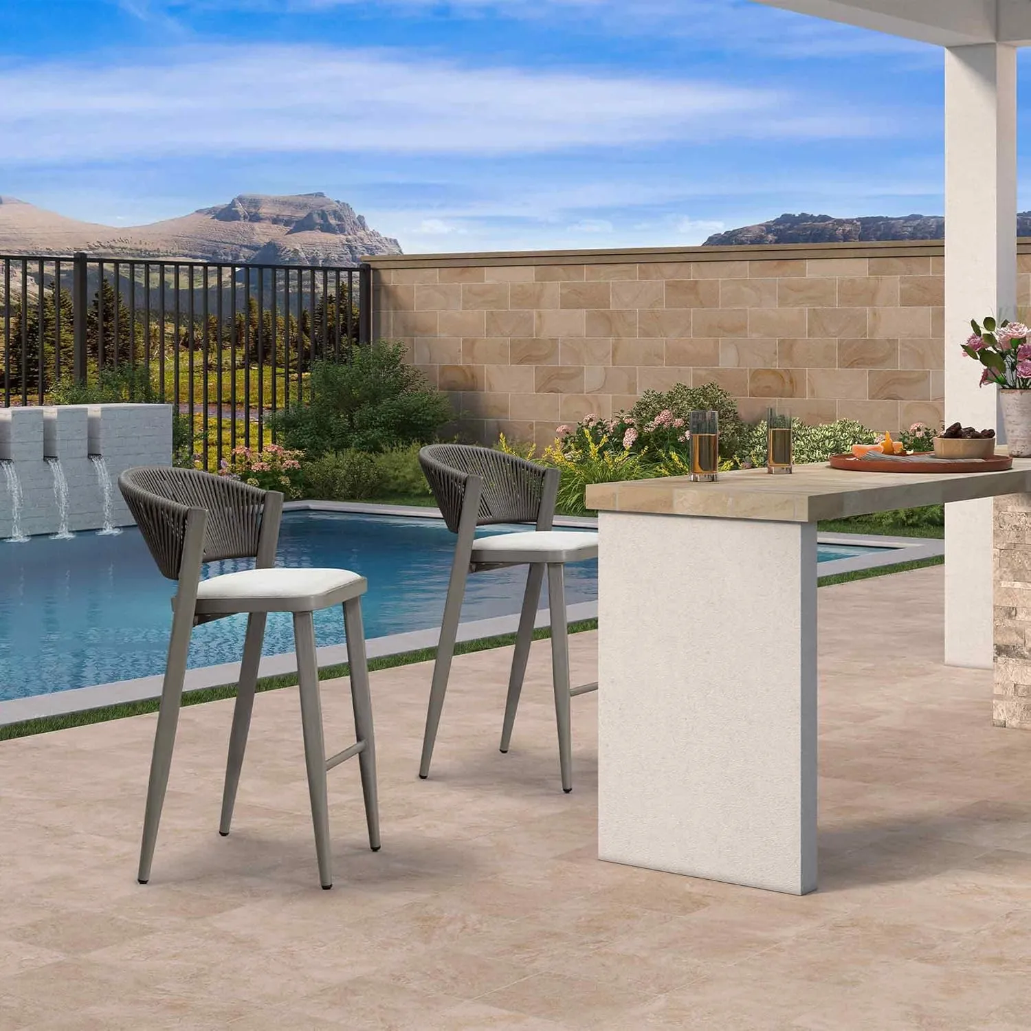PURPLE LEAF Set of 2 Bar Stools Outdoor Barstools with Footrest Farmhouse Metal Bar Height Stools Wicker Gray Bar Chairs