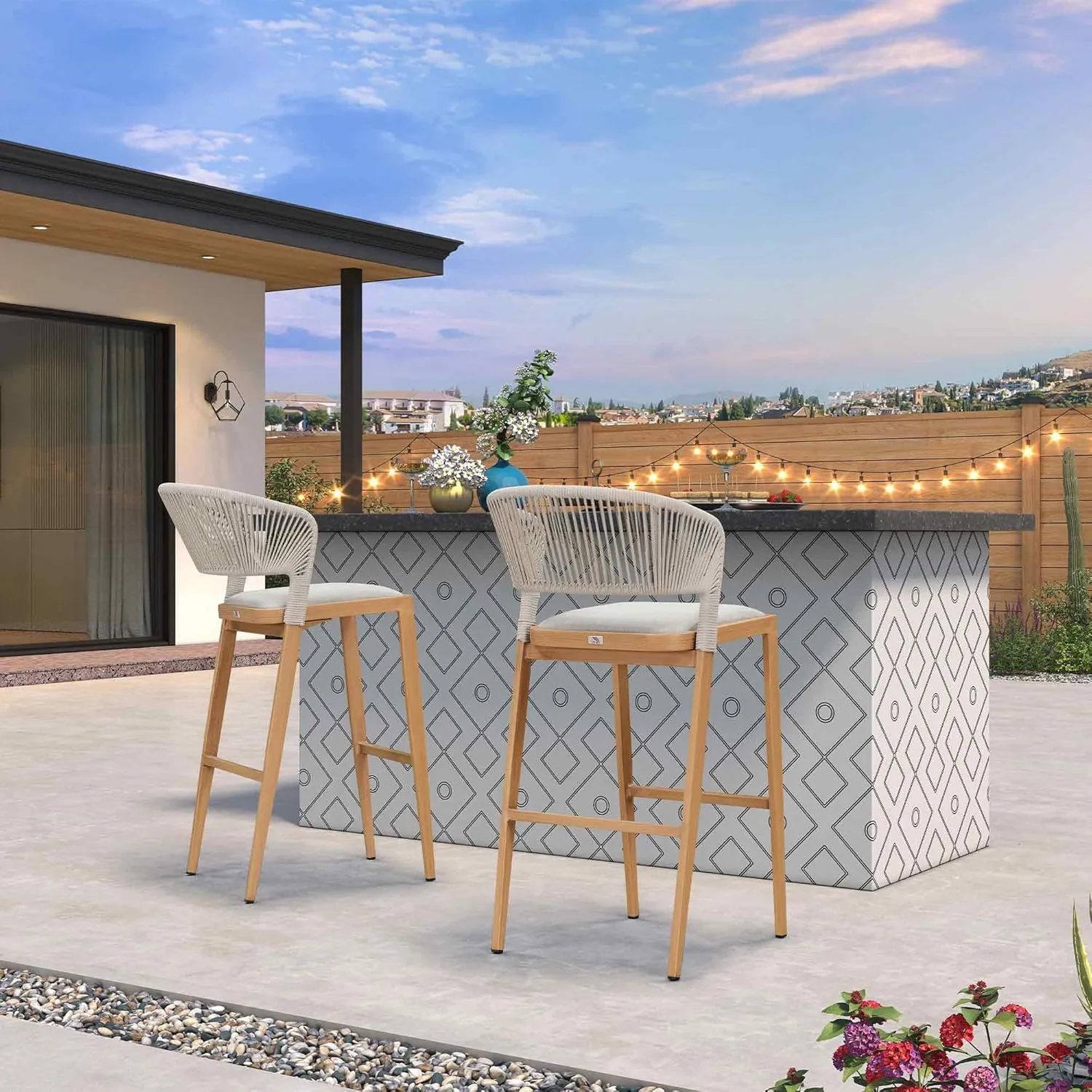 PURPLE LEAF Set of 2 Bar Stools Outdoor Barstools with Footrest Farmhouse Metal Bar Height Stools Wicker Light Brown Bar Chairs