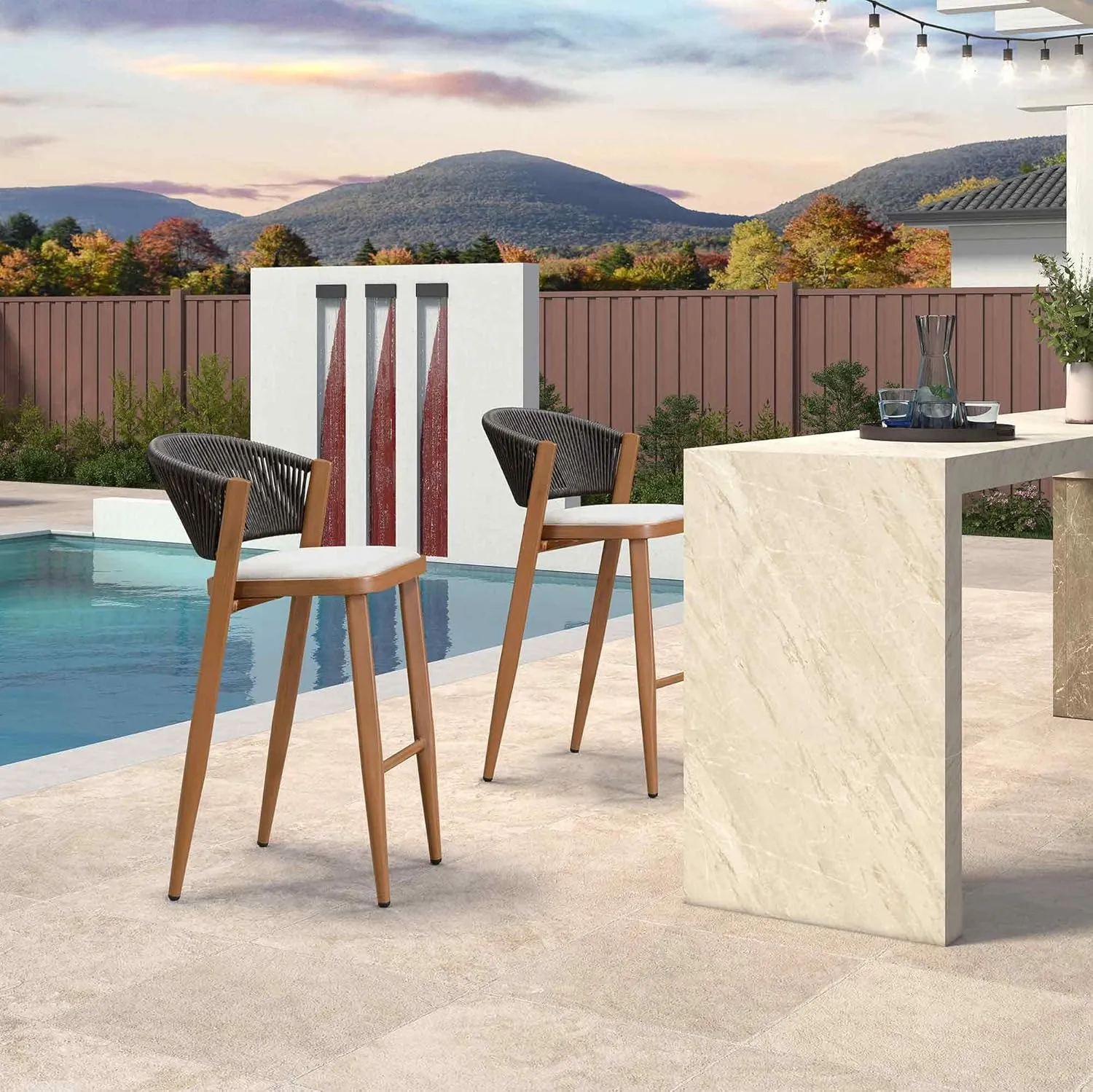 PURPLE LEAF Two Pack Bar Stools Patio Bar Stools with Back Aluminum Bar Height Stools Wicker Brown Barstools, Mix Gray Cushion