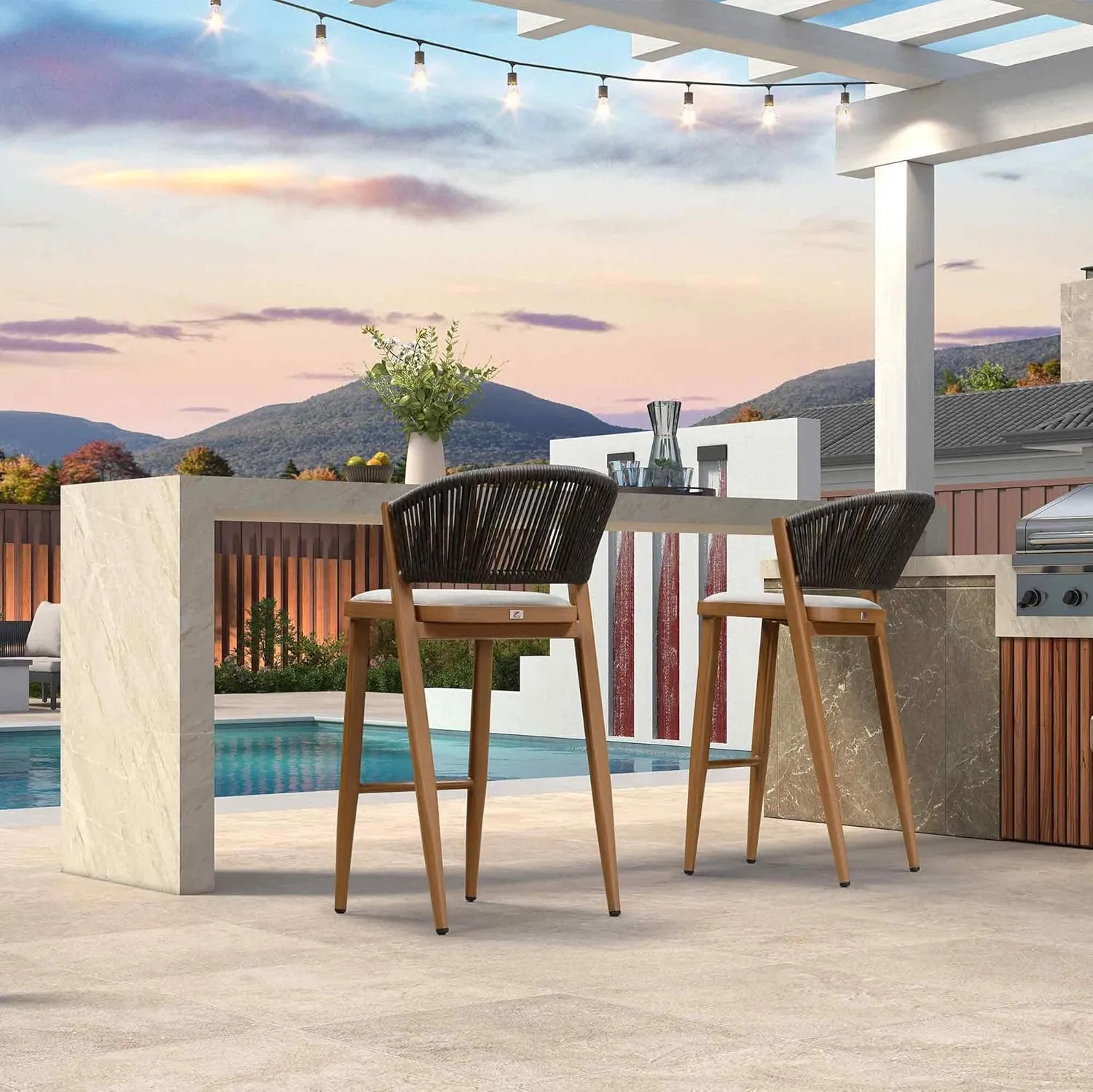 PURPLE LEAF Two Pack Bar Stools Patio Bar Stools with Back Aluminum Bar Height Stools Wicker Brown Barstools, Mix Gray Cushion