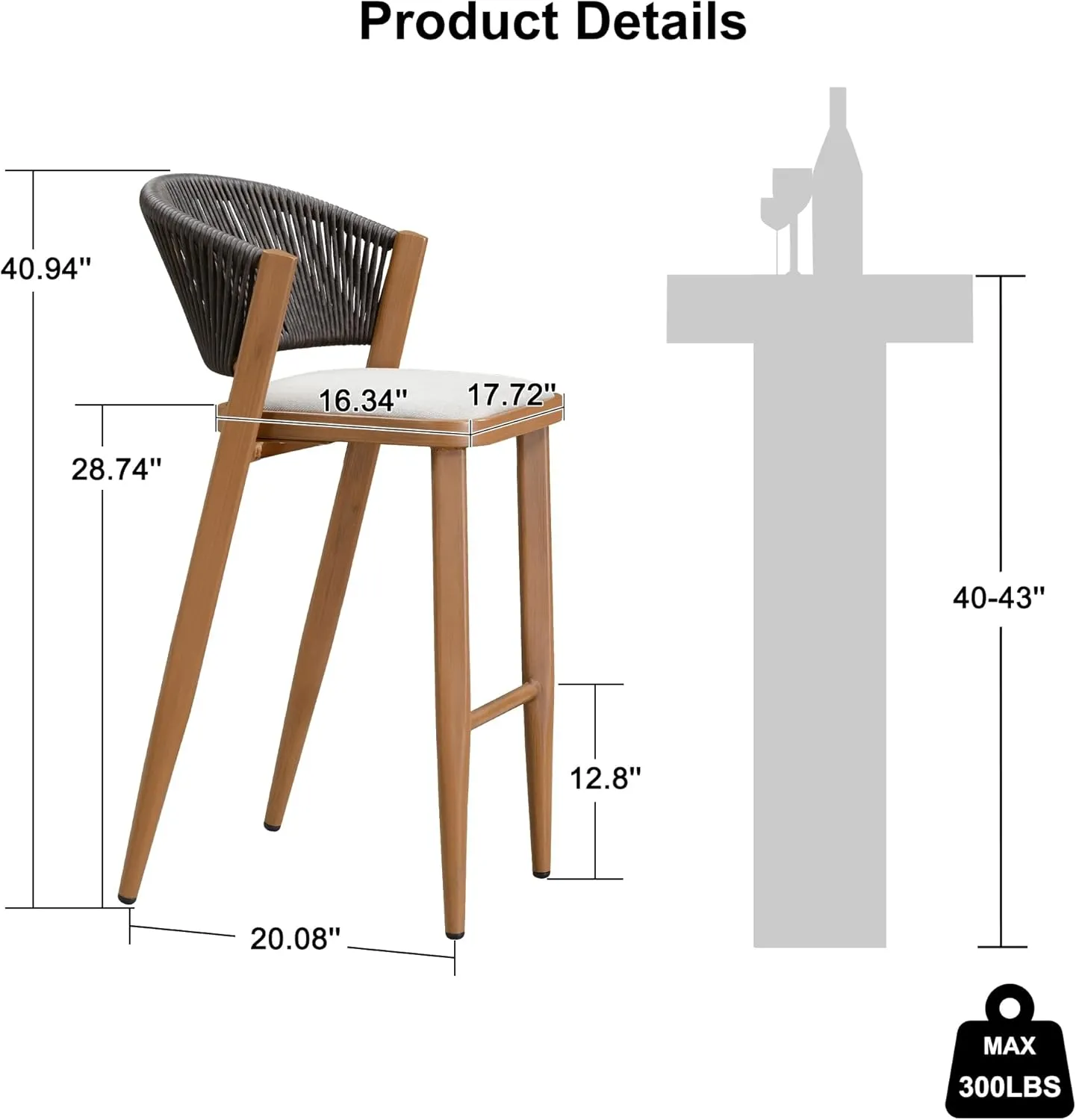 PURPLE LEAF Two Pack Bar Stools Patio Bar Stools with Back Aluminum Bar Height Stools Wicker Brown Barstools, Mix Gray Cushion