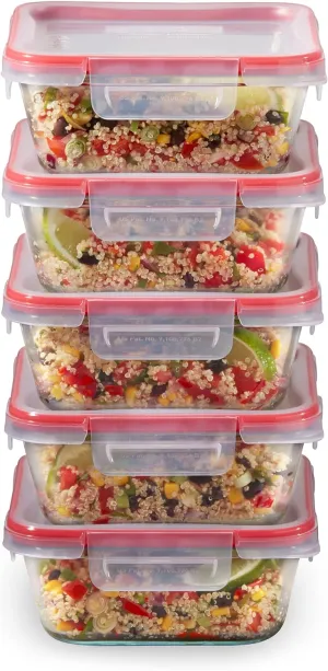 Pyrex Freshlock 5-Pack (4-Cup) Glass Food Storage Containers Set, Airtight & Leakproof Locking Lids, Freezer Dishwasher Microwave Safe