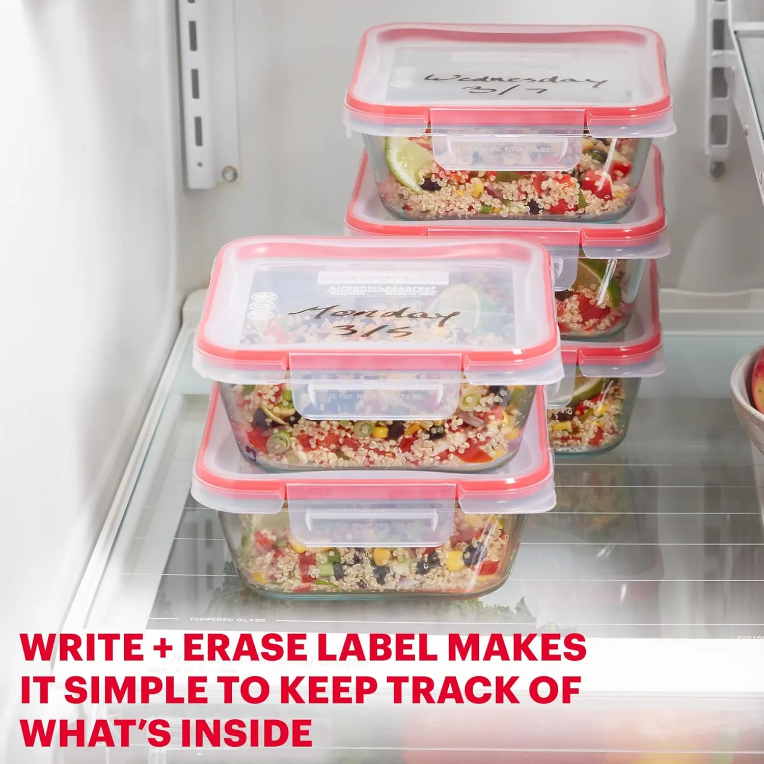 Pyrex Freshlock 5-Pack (4-Cup) Glass Food Storage Containers Set, Airtight & Leakproof Locking Lids, Freezer Dishwasher Microwave Safe