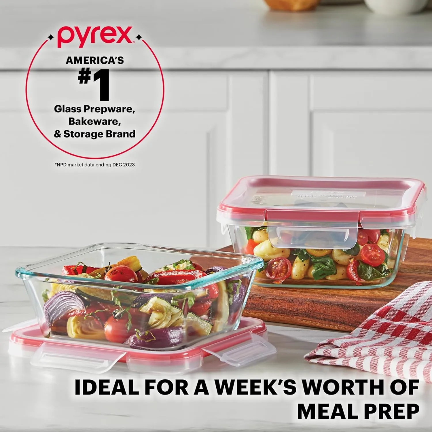 Pyrex Freshlock 5-Pack (4-Cup) Glass Food Storage Containers Set, Airtight & Leakproof Locking Lids, Freezer Dishwasher Microwave Safe