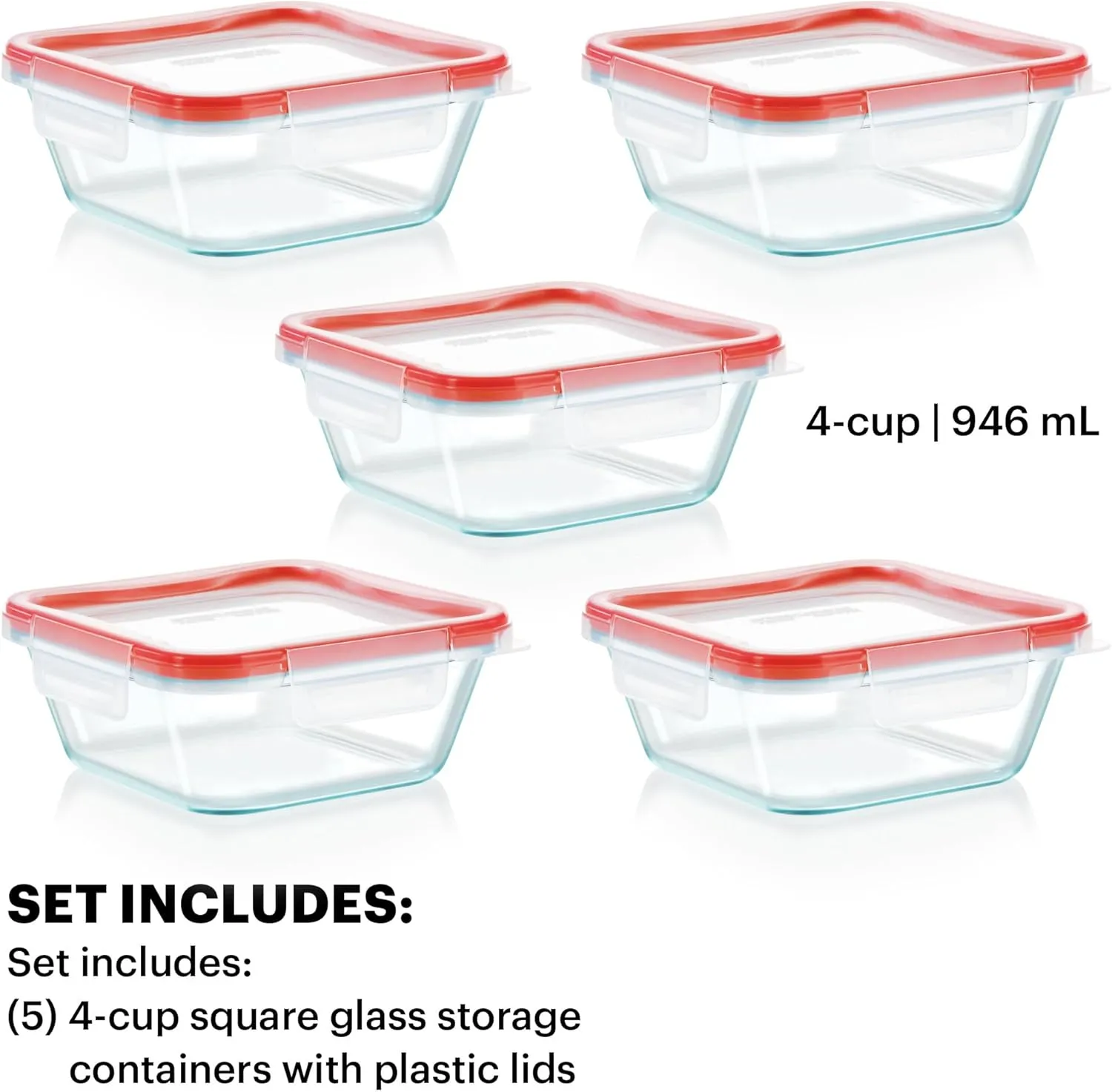 Pyrex Freshlock 5-Pack (4-Cup) Glass Food Storage Containers Set, Airtight & Leakproof Locking Lids, Freezer Dishwasher Microwave Safe