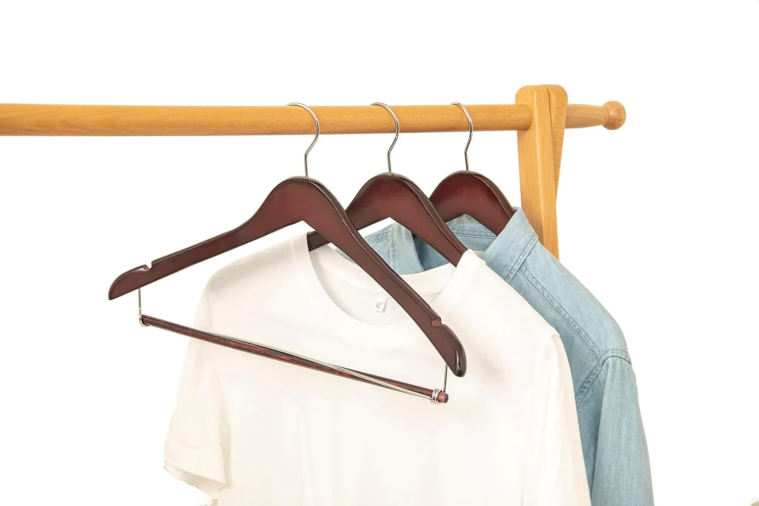 Quality Hangers Wooden Hangers Beautiful Sturdy Suit Coat Hangers with Locking Bar Chrome Hooks (60)