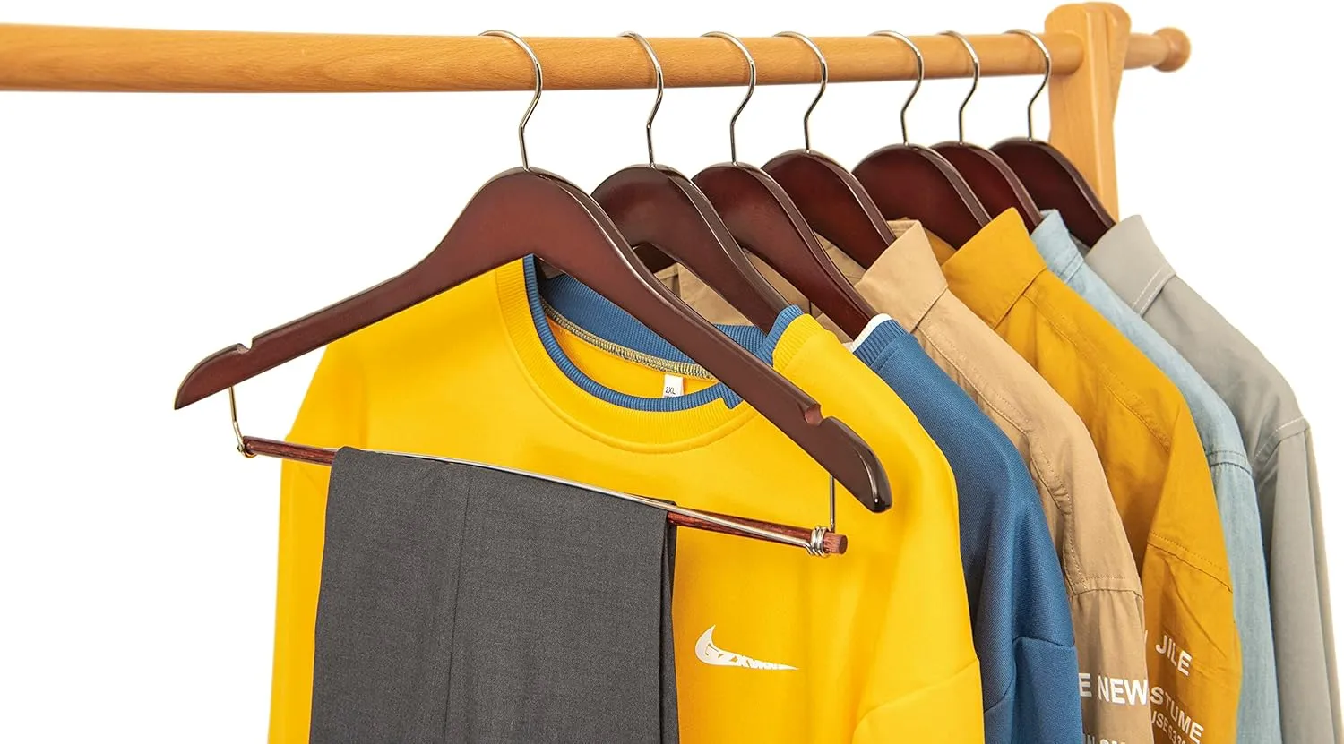 Quality Hangers Wooden Hangers Beautiful Sturdy Suit Coat Hangers with Locking Bar Chrome Hooks (60)