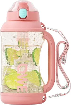 QWE Gym Water Bottle Large Capacity with Handle holder strap,high-capacity,67.6oz,Heat-resisting,Reusable,PPSU BPA Free,Double drinking with straw leak proof, for Travel, School, Outdoors (Pink)