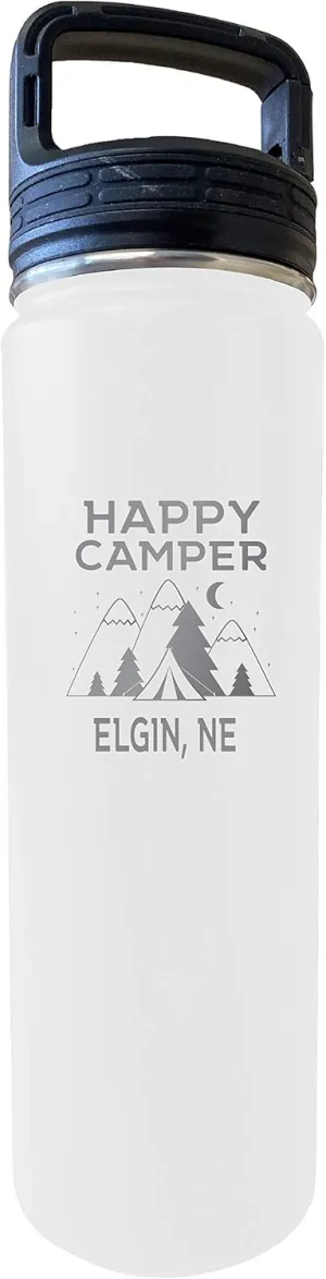 R and R Imports Elgin Nebraska Happy Camper 32 Oz Engraved White Insulated Double Wall Stainless Steel Water Bottle Tumbler