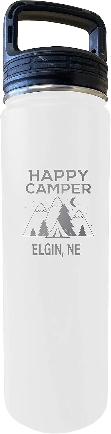 R and R Imports Elgin Nebraska Happy Camper 32 Oz Engraved White Insulated Double Wall Stainless Steel Water Bottle Tumbler