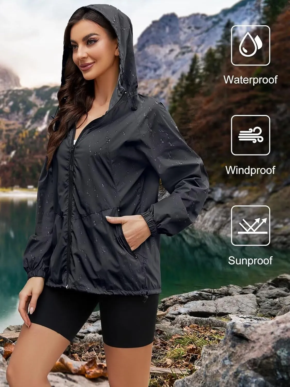 Rain Jacket Women Waterproof Lightweight Jacket With Hood Packable Raincoat With Pocket S-XXL