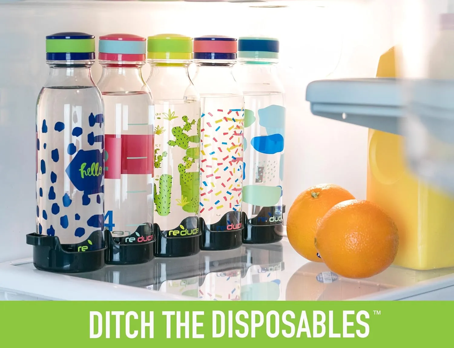Reduce WaterWeek Reusable Water Bottle Set, 20oz - Plastic Reusable Water Bottle Set of 5, Plus Fridge Tray - BPA-Free, Leak Proof Twist Off Cap - Score