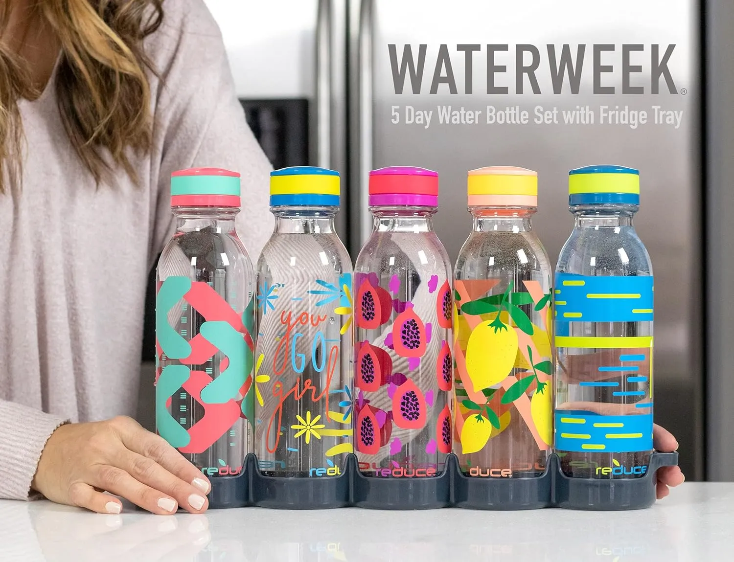 Reduce WaterWeek Reusable Water Bottle Set, 20oz - Plastic Reusable Water Bottle Set of 5, Plus Fridge Tray - BPA-Free, Leak Proof Twist Off Cap - Score