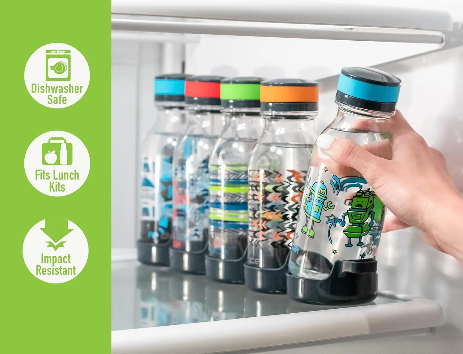 Reduce WaterWeek Reusable Water Bottle Set, 20oz - Plastic Reusable Water Bottle Set of 5, Plus Fridge Tray - BPA-Free, Leak Proof Twist Off Cap - Score