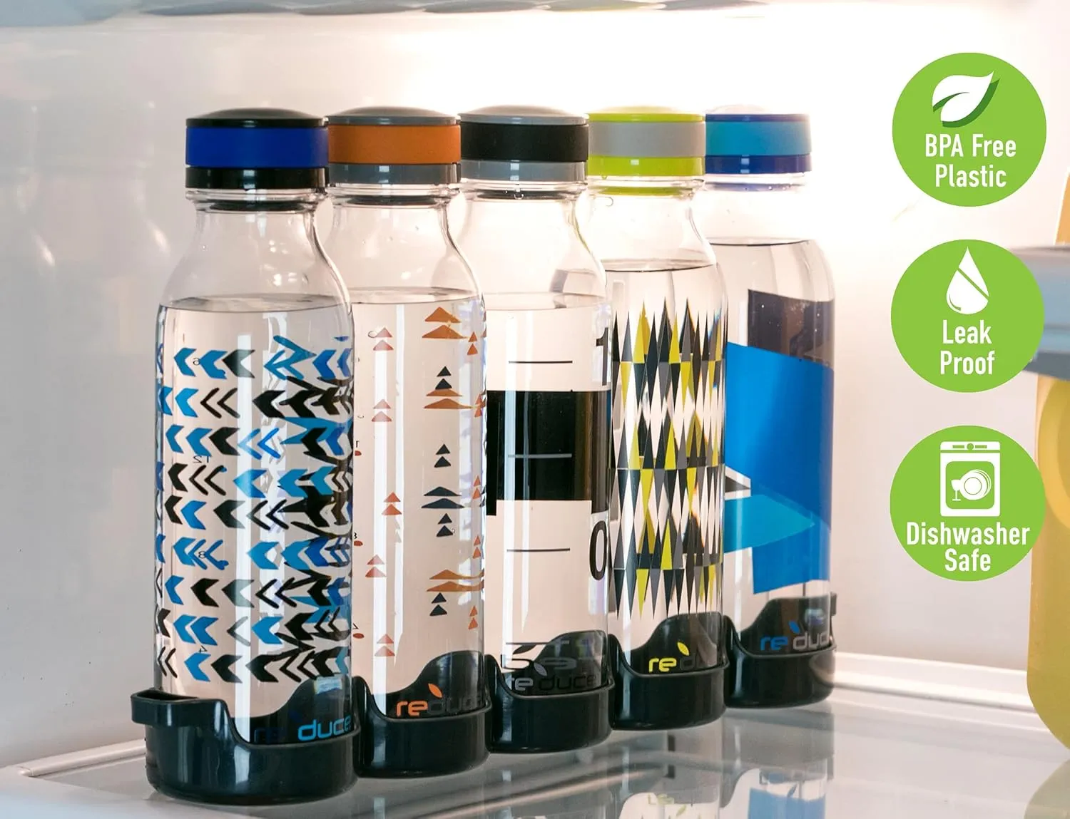 Reduce WaterWeek Reusable Water Bottle Set, 20oz - Plastic Reusable Water Bottle Set of 5, Plus Fridge Tray - BPA-Free, Leak Proof Twist Off Cap - Score