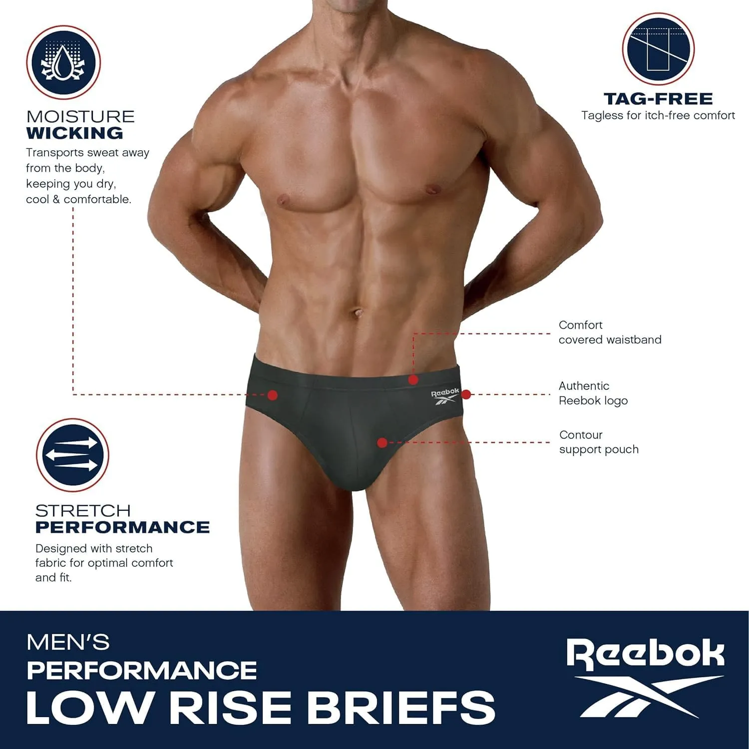 Reebok Men's Briefs - 5 Pack Quick Dry Low Rise Performance Underwear Briefs - Soft Stretch Athletic Men's Bikini Briefs S-XL