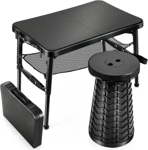 Retractable Small Folding Table and Stool Set, Portable Camping Foldable Table Lightweight Yet More Sturdy with Adjustable Stool for Outdoor Picnic, Beach, Camp, Also Ideal as Lap Desk, Bed Table