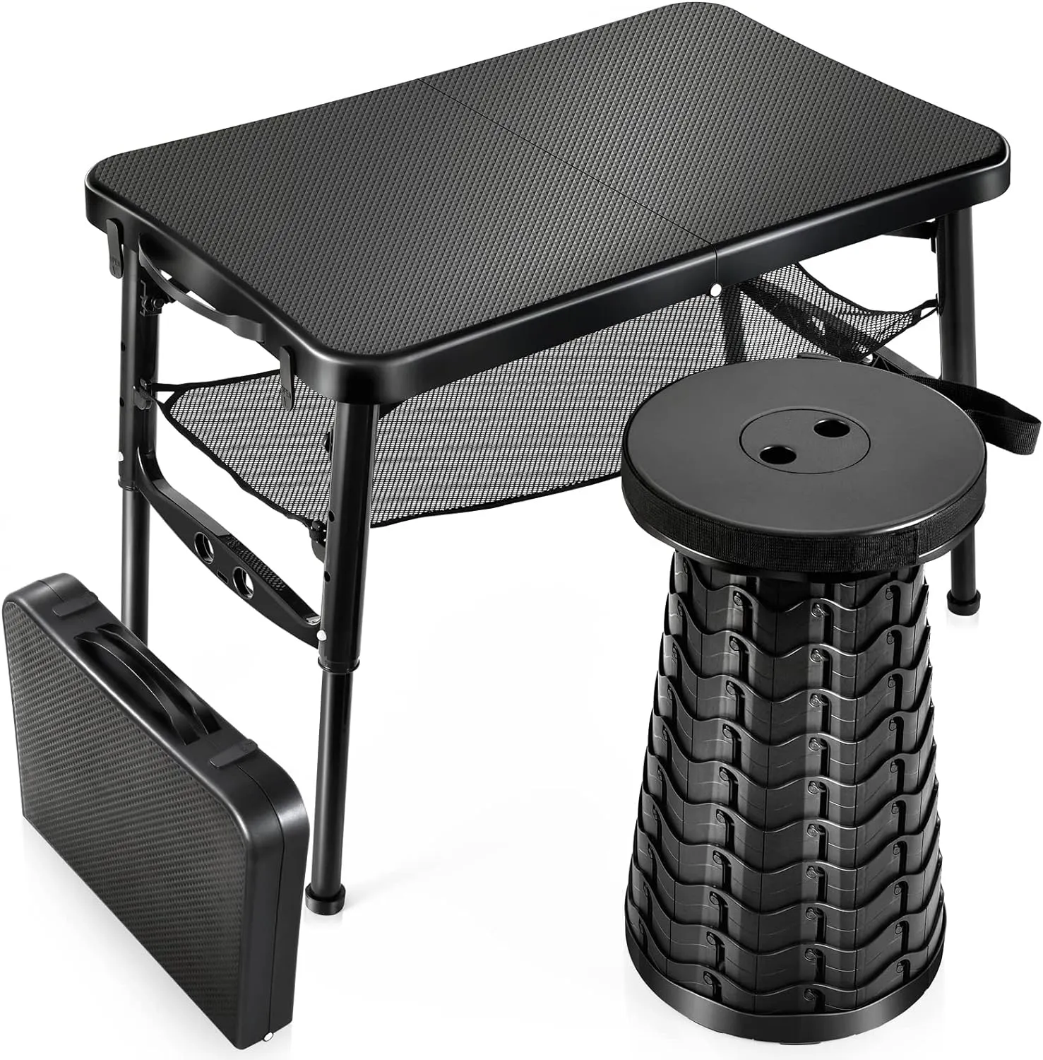 Retractable Small Folding Table and Stool Set, Portable Camping Foldable Table Lightweight Yet More Sturdy with Adjustable Stool for Outdoor Picnic, Beach, Camp, Also Ideal as Lap Desk, Bed Table