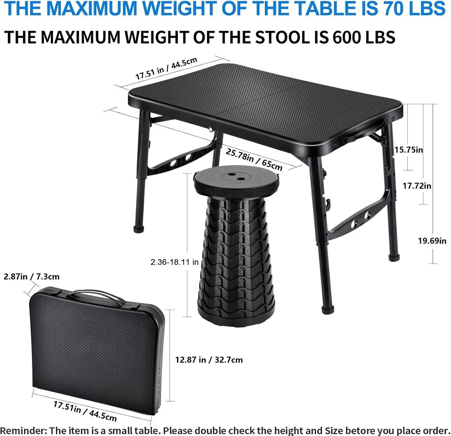 Retractable Small Folding Table and Stool Set, Portable Camping Foldable Table Lightweight Yet More Sturdy with Adjustable Stool for Outdoor Picnic, Beach, Camp, Also Ideal as Lap Desk, Bed Table