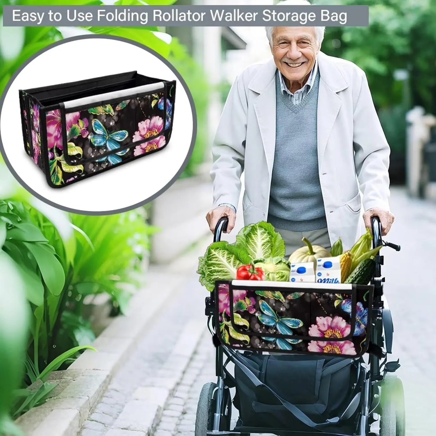 Retro Dragonfly Flowers Rollator Bag Tote Organizer for Universal Walkers Walker Bag Mobility Aid Accessory Pouch for Seniors in Assisted Living