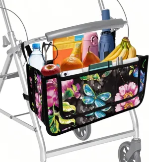 Retro Dragonfly Flowers Rollator Bag Tote Organizer for Universal Walkers Walker Bag Mobility Aid Accessory Pouch for Seniors in Assisted Living