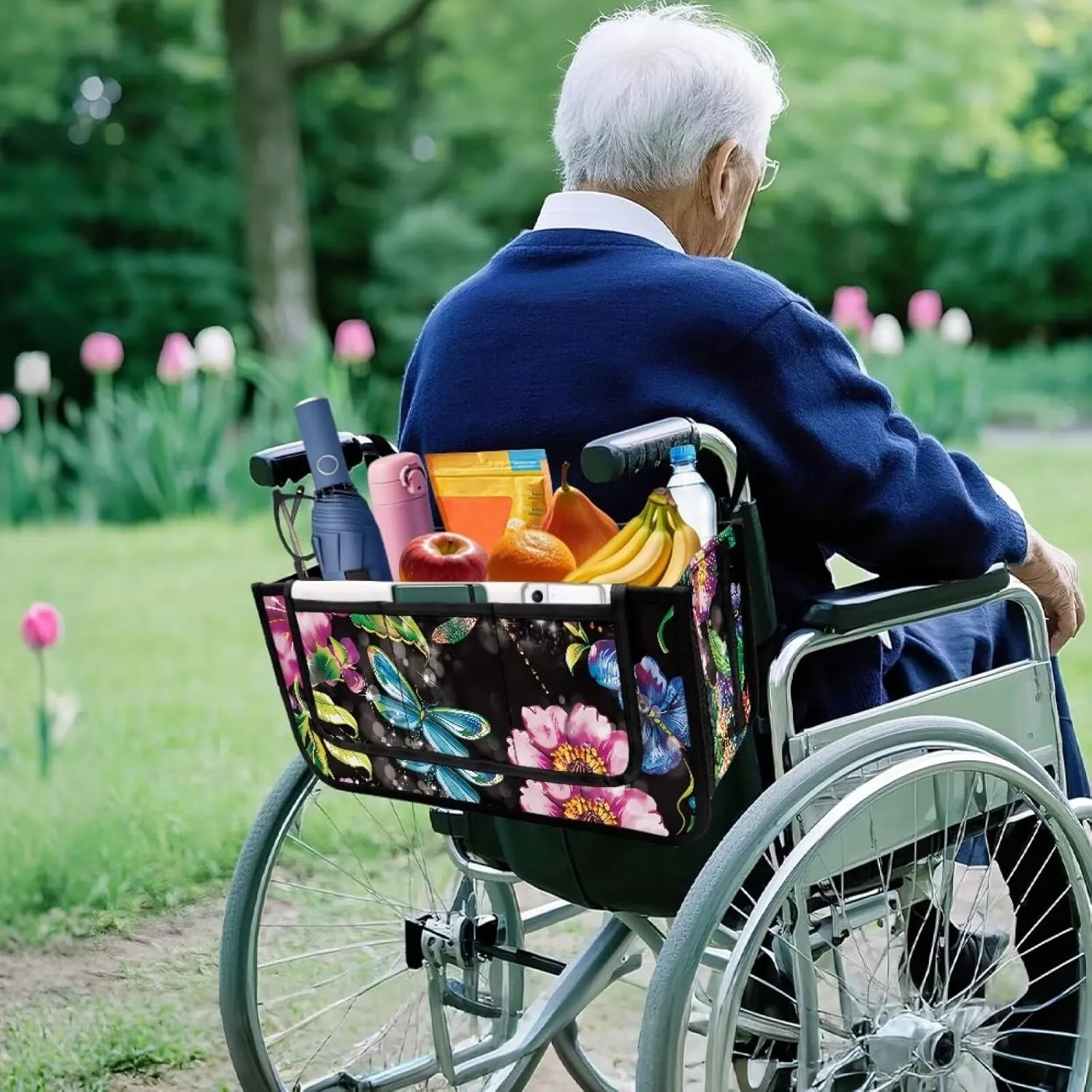 Retro Dragonfly Flowers Rollator Bag Tote Organizer for Universal Walkers Walker Bag Mobility Aid Accessory Pouch for Seniors in Assisted Living