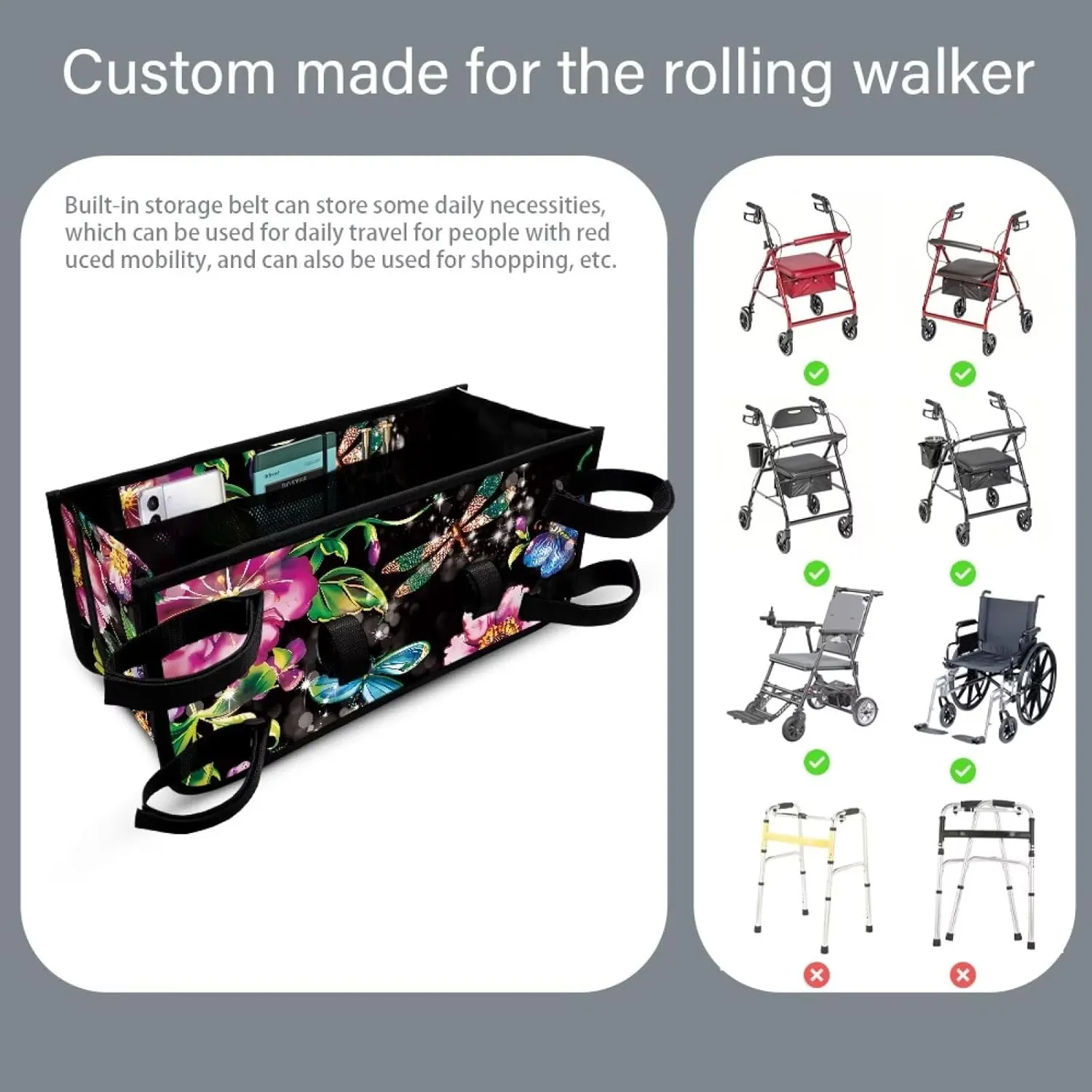 Retro Dragonfly Flowers Rollator Bag Tote Organizer for Universal Walkers Walker Bag Mobility Aid Accessory Pouch for Seniors in Assisted Living