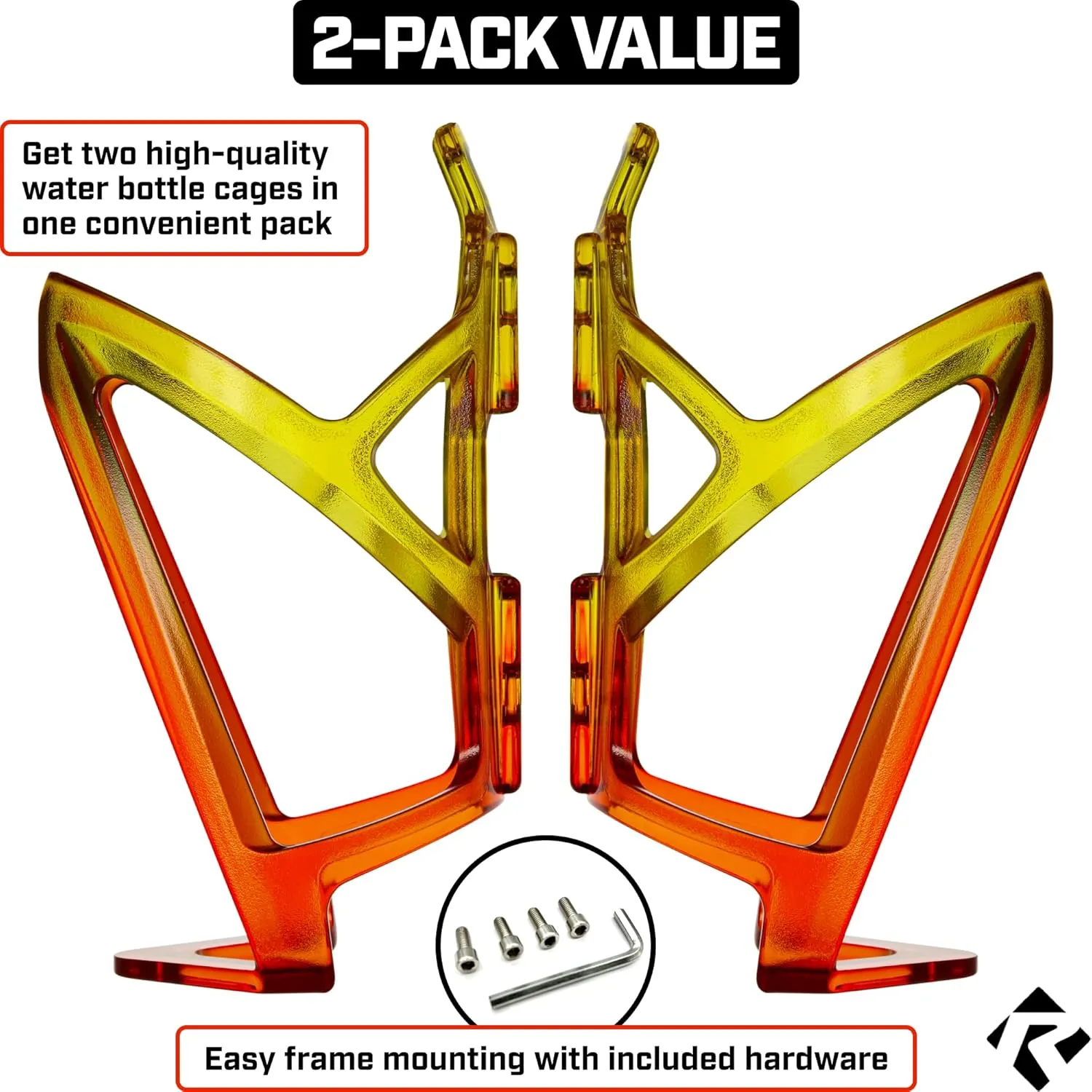 Revere Ultra-Light Bike Water Bottle Holder – Durable Bicycle Bottle Cage for Road, MTB, & Mountain Bikes – 2-Pack with Screws & Installation Tool – Premium Cycling Accessories (Yellow/Orange)