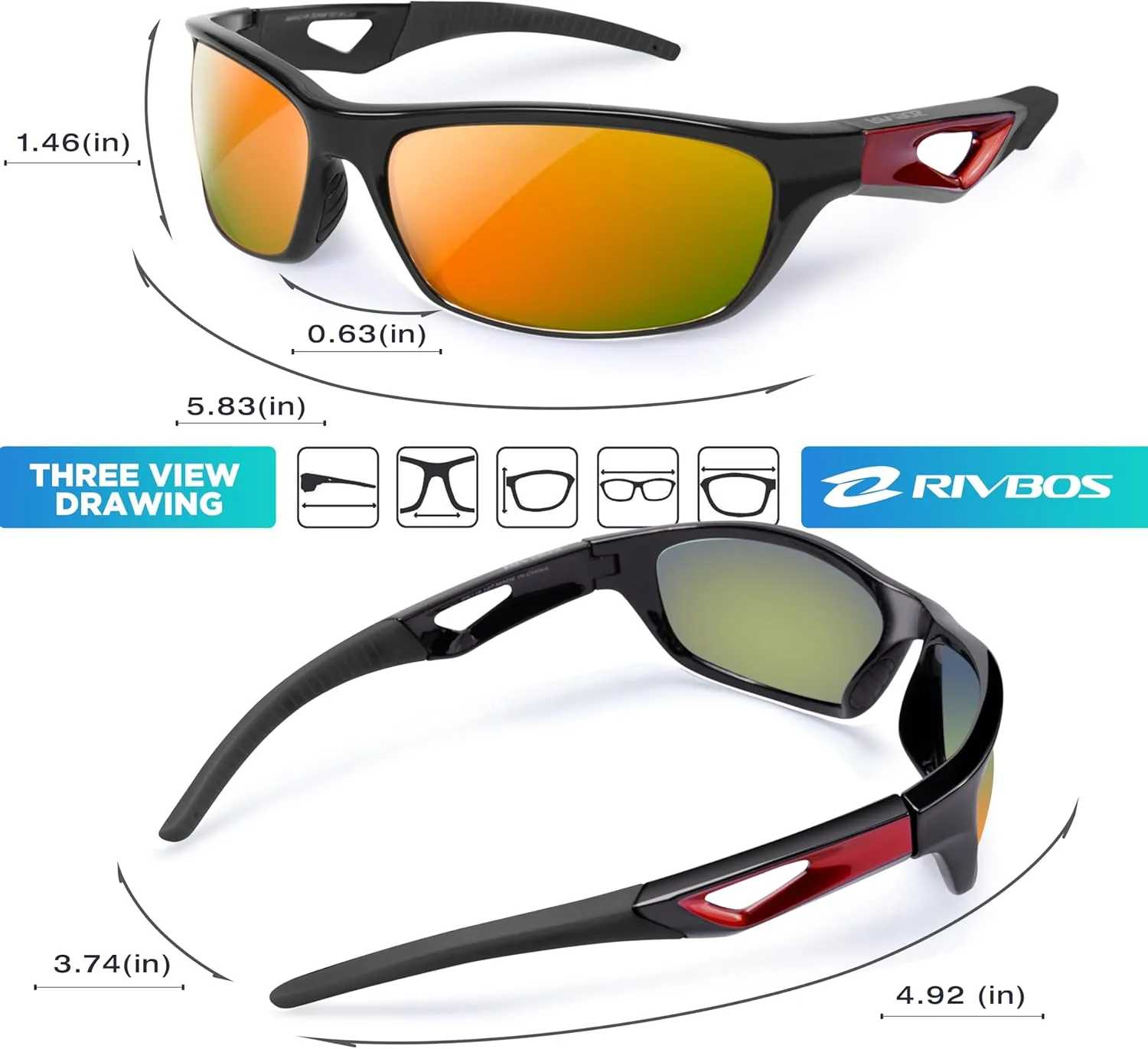 RIVBOS Polarized Sports Sunglasses Driving Sun Glasses Shades for Men Women Tr90 Frame for Cycling Fishing Running RB831