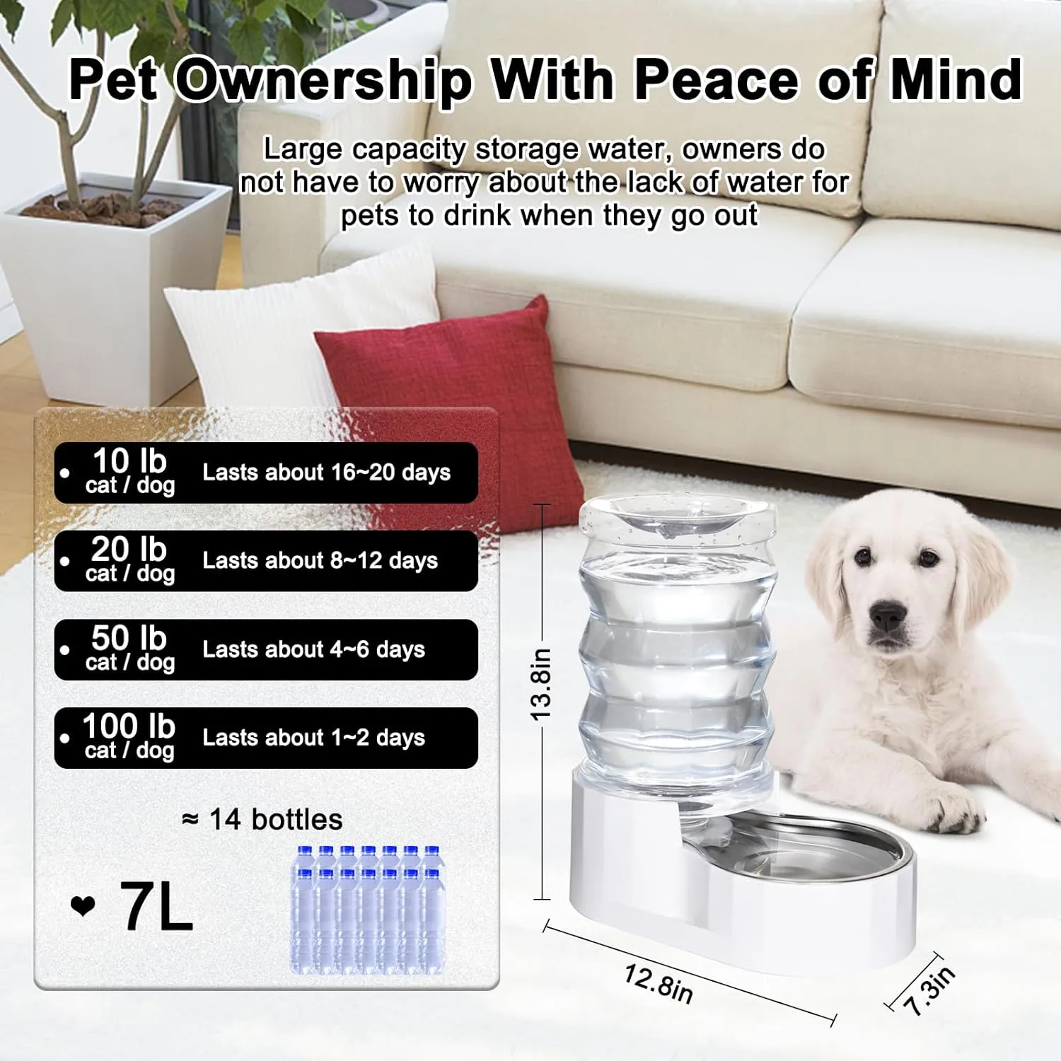 RIZZARI Automatic 7L Pet Waterer,Gravity Stainless Steel Water Dispenser, 100% BPA-Free, Large Capacity Water Feeder for Cats and Medium and Large-Sized Dogs (White,7L)