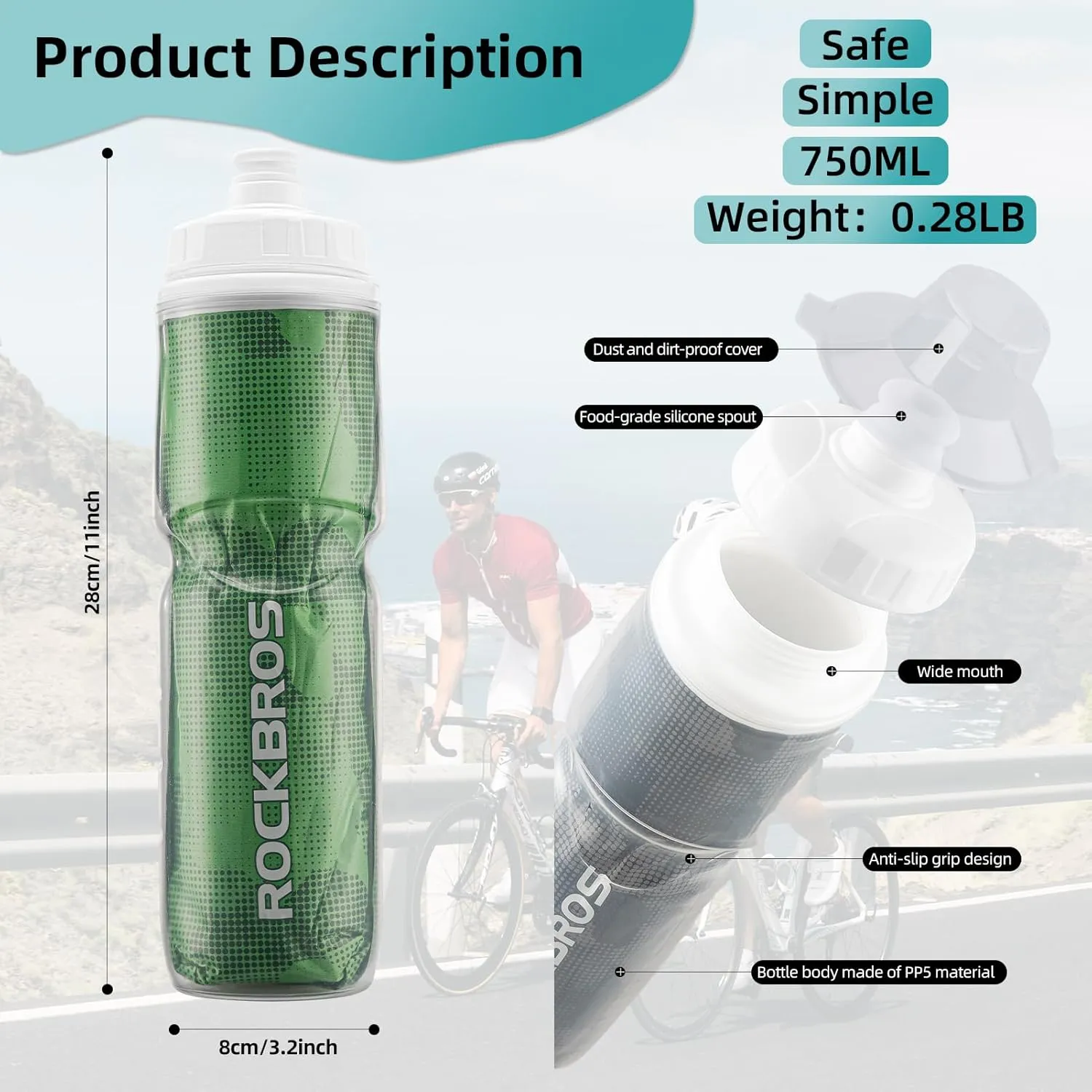 ROCKBROS 24OZ Insulated Bike Water Bottles Keep Water Cool, Leak-Proof Cycling Water Bottle with Handle, Bicycle Water Bottle Easy to Squeeze