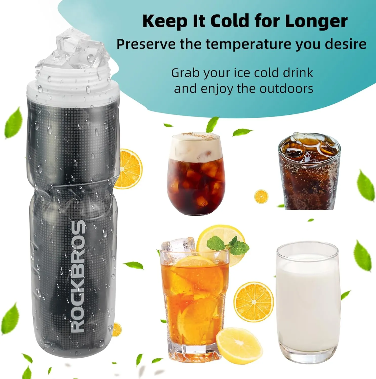 ROCKBROS 24OZ Insulated Bike Water Bottles Keep Water Cool, Leak-Proof Cycling Water Bottle with Handle, Bicycle Water Bottle Easy to Squeeze