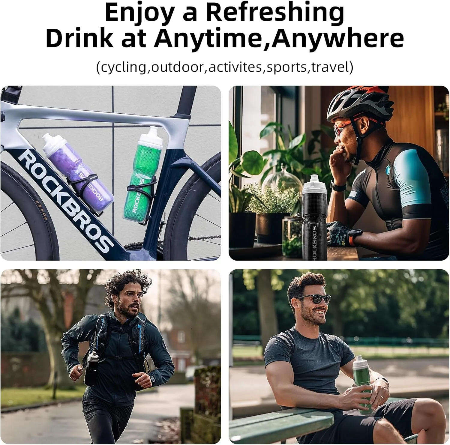 ROCKBROS 24OZ Insulated Bike Water Bottles Keep Water Cool, Leak-Proof Cycling Water Bottle with Handle, Bicycle Water Bottle Easy to Squeeze