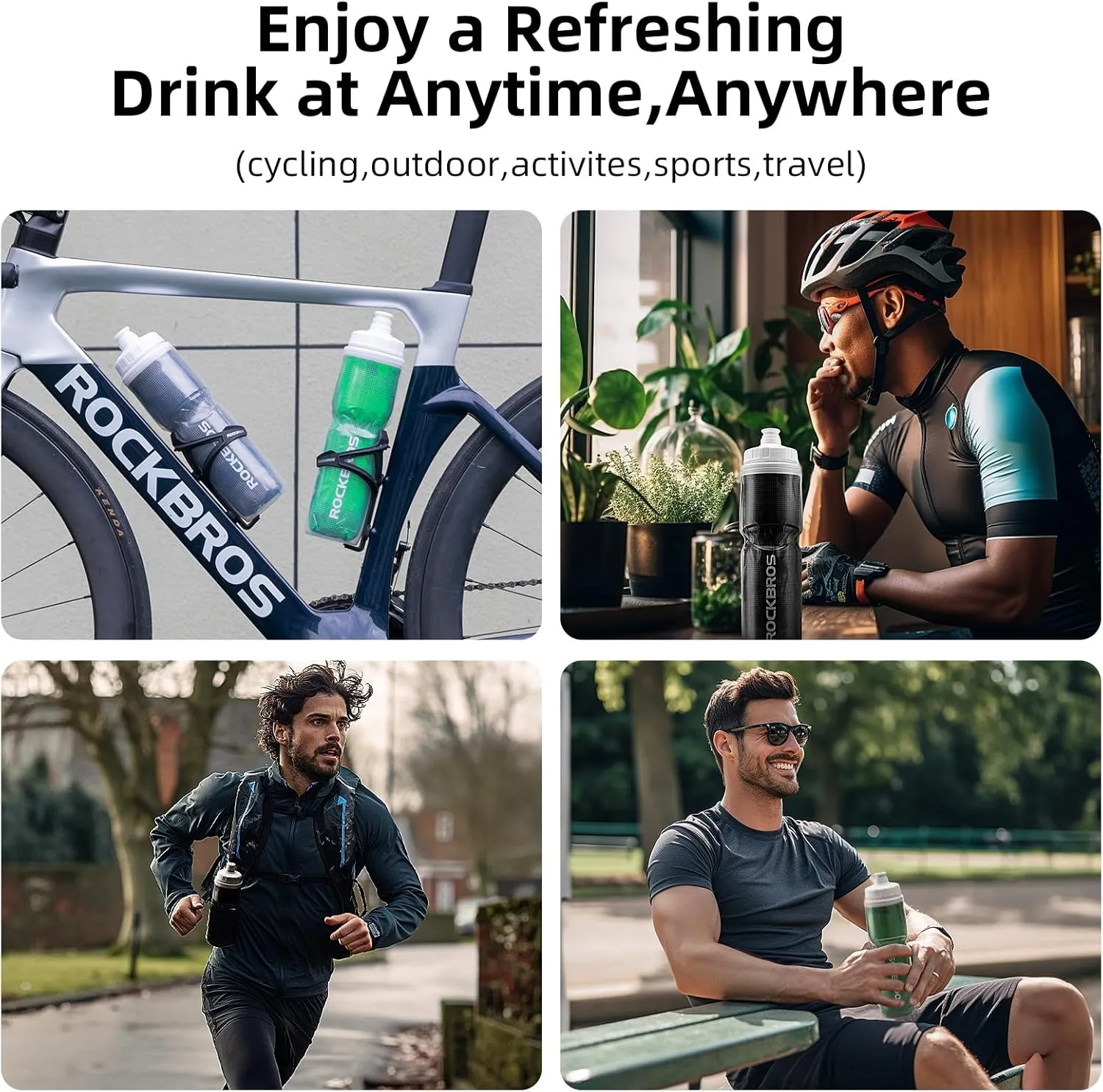 ROCKBROS 24OZ Insulated Bike Water Bottles Keep Water Cool, Leak-Proof Cycling Water Bottle with Handle, Bicycle Water Bottle Easy to Squeeze