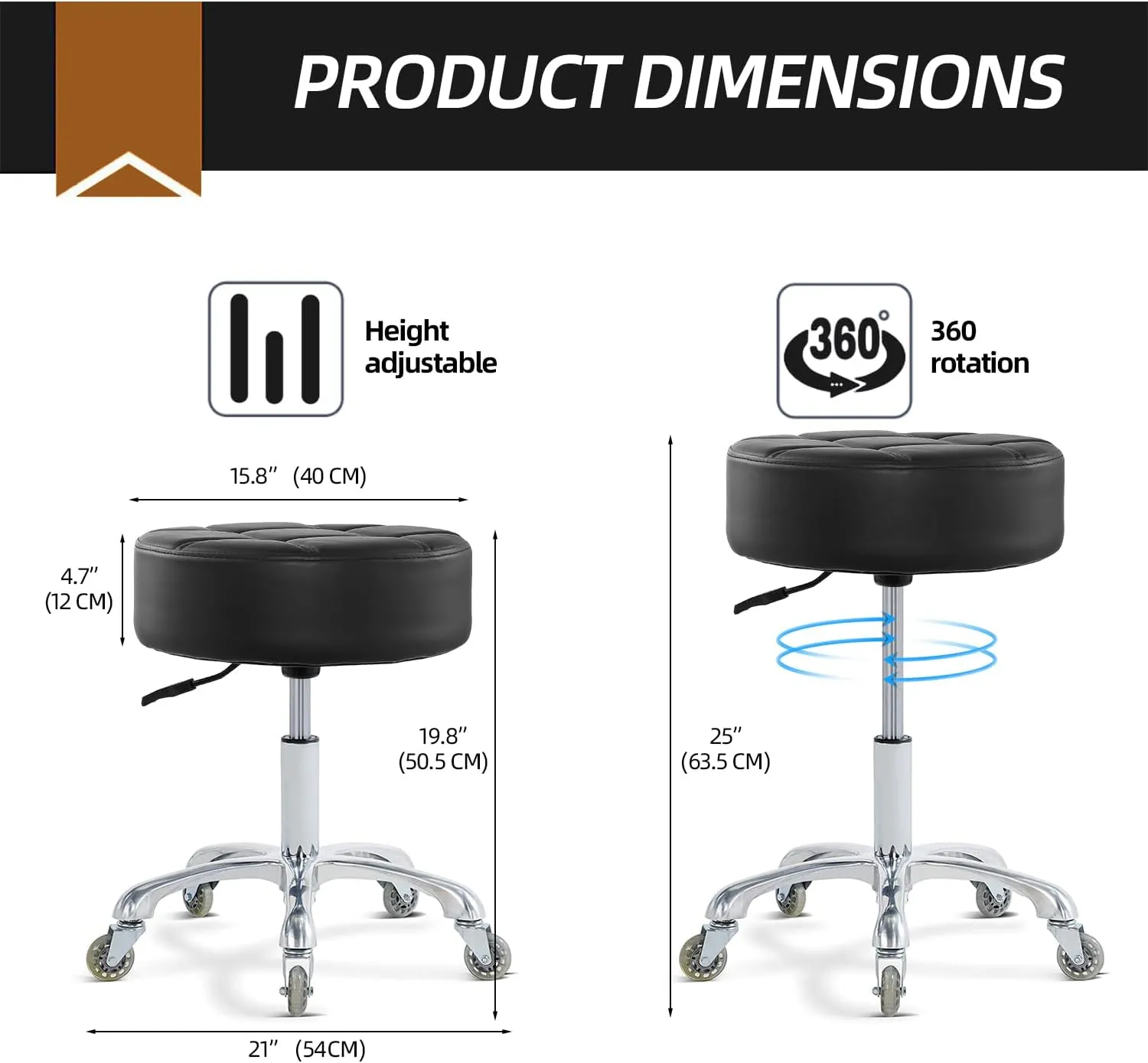 Rolling Stool with Wheels Adjustable Height, Roller Stool for Massage Medical Tattoo Spa Heavy Duty Swivel Desk (Super Thick Cushion, Black)