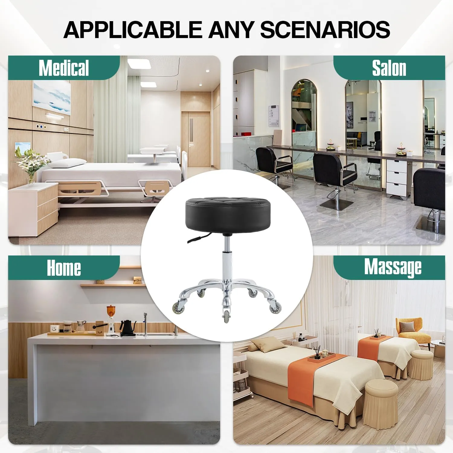 Rolling Stool with Wheels Adjustable Height, Roller Stool for Massage Medical Tattoo Spa Heavy Duty Swivel Desk (Super Thick Cushion, Black)