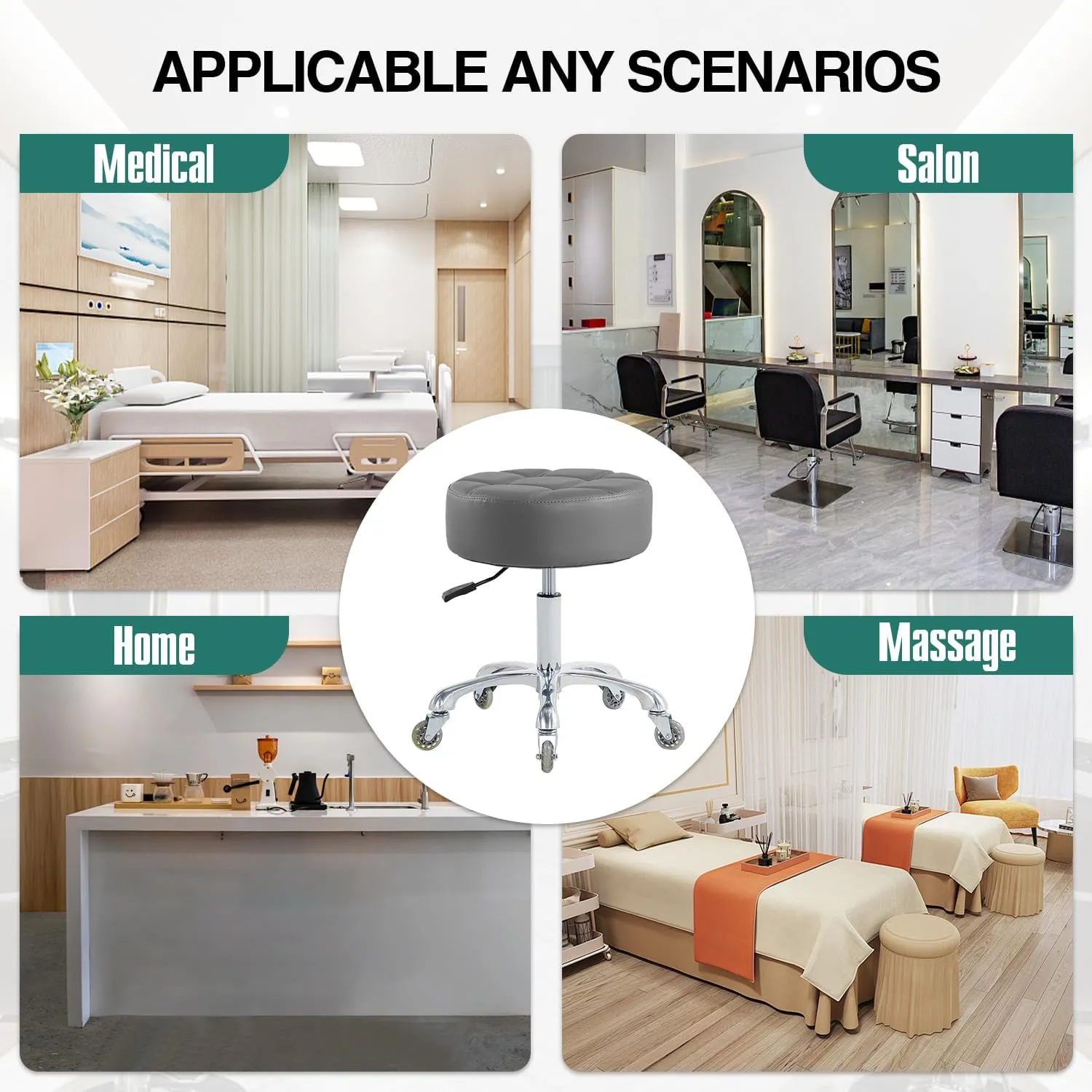 Rolling Stool with Wheels Adjustable Height, Roller Stool for Massage Medical Tattoo Spa Heavy Duty Swivel Desk (Super Thick Cushion, Grey)