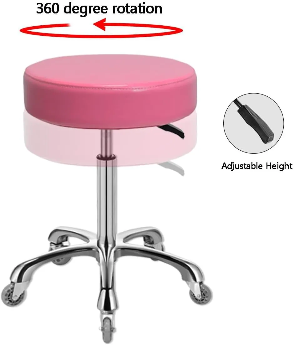 Rolling Stool with Wheels, Heavy Duty 400 lbs Stool for Shop Guitar Lab Tattoo Workbench Medical, Adjustable Swivel Chair (Pink)