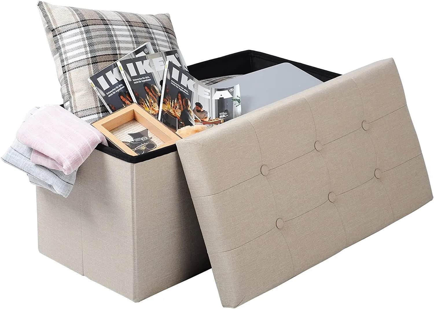 Rootz Foldable Storage Stool - Ottoman - Footrest - Large Capacity - 76cm x 37.5cm x 38cm - Convenient Storage - Linen Fabric - 80L