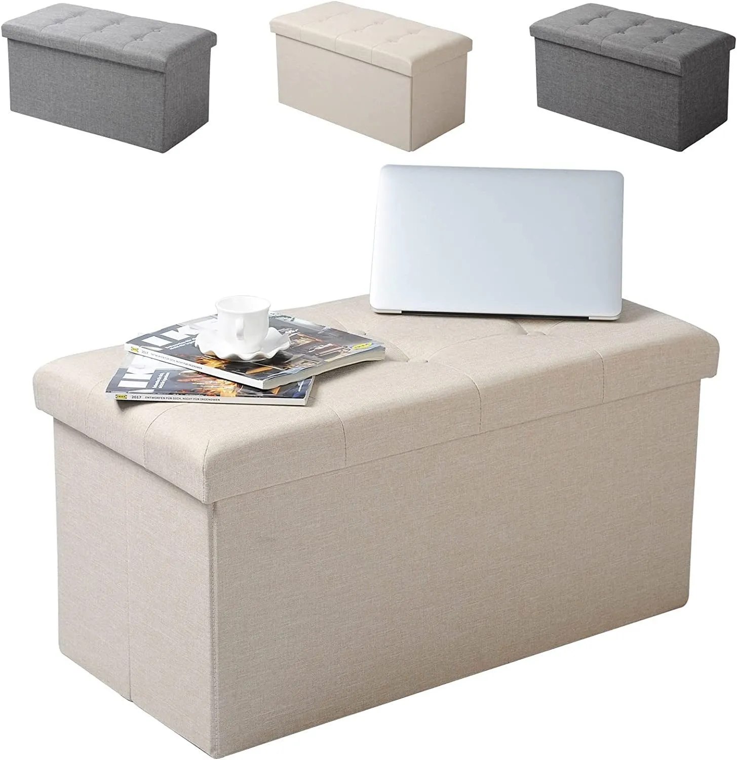 Rootz Foldable Storage Stool - Ottoman - Footrest - Large Capacity - 76cm x 37.5cm x 38cm - Convenient Storage - Linen Fabric - 80L