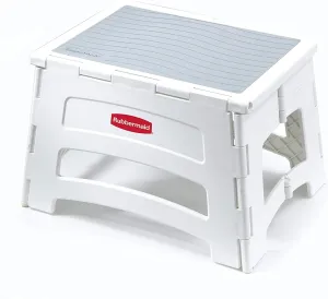 Rubbermaid Mini Folding Step Stool, Short, Foldable, Lightweight with Slip Resistant Treads and Non-Slip Feet, White