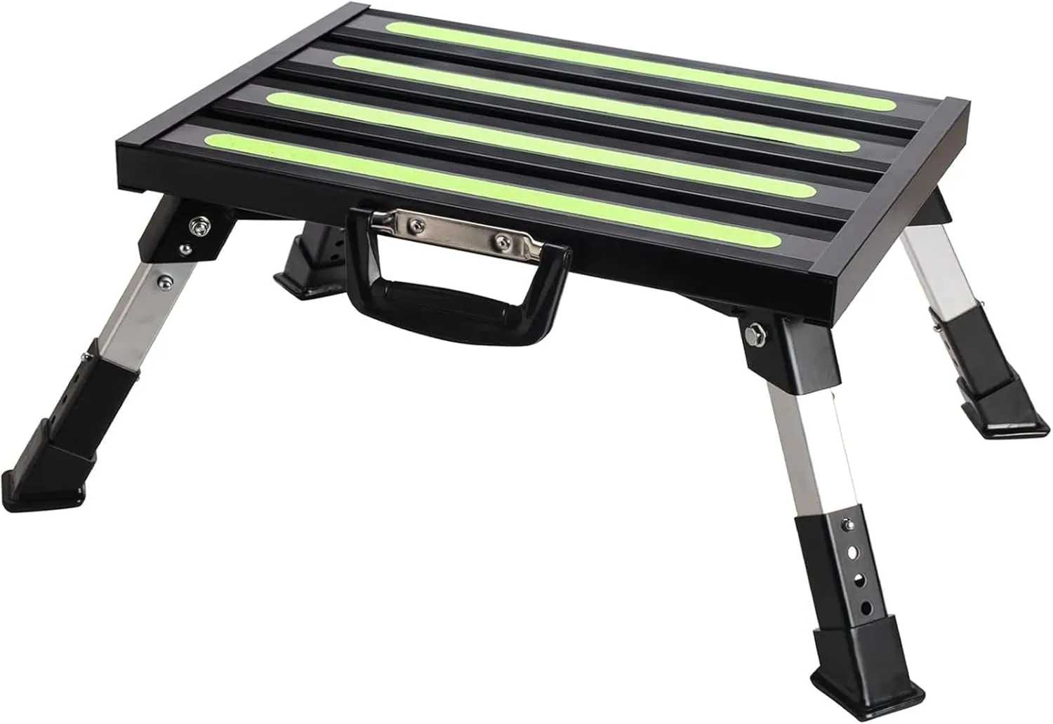 Rv Steps, 4-Level Adjustable Height Folding Camper Steps Non-Slip Fluorescent Strip Aluminum Platform Rv Accessories, Supports Up to 1000 lbs Handle Black