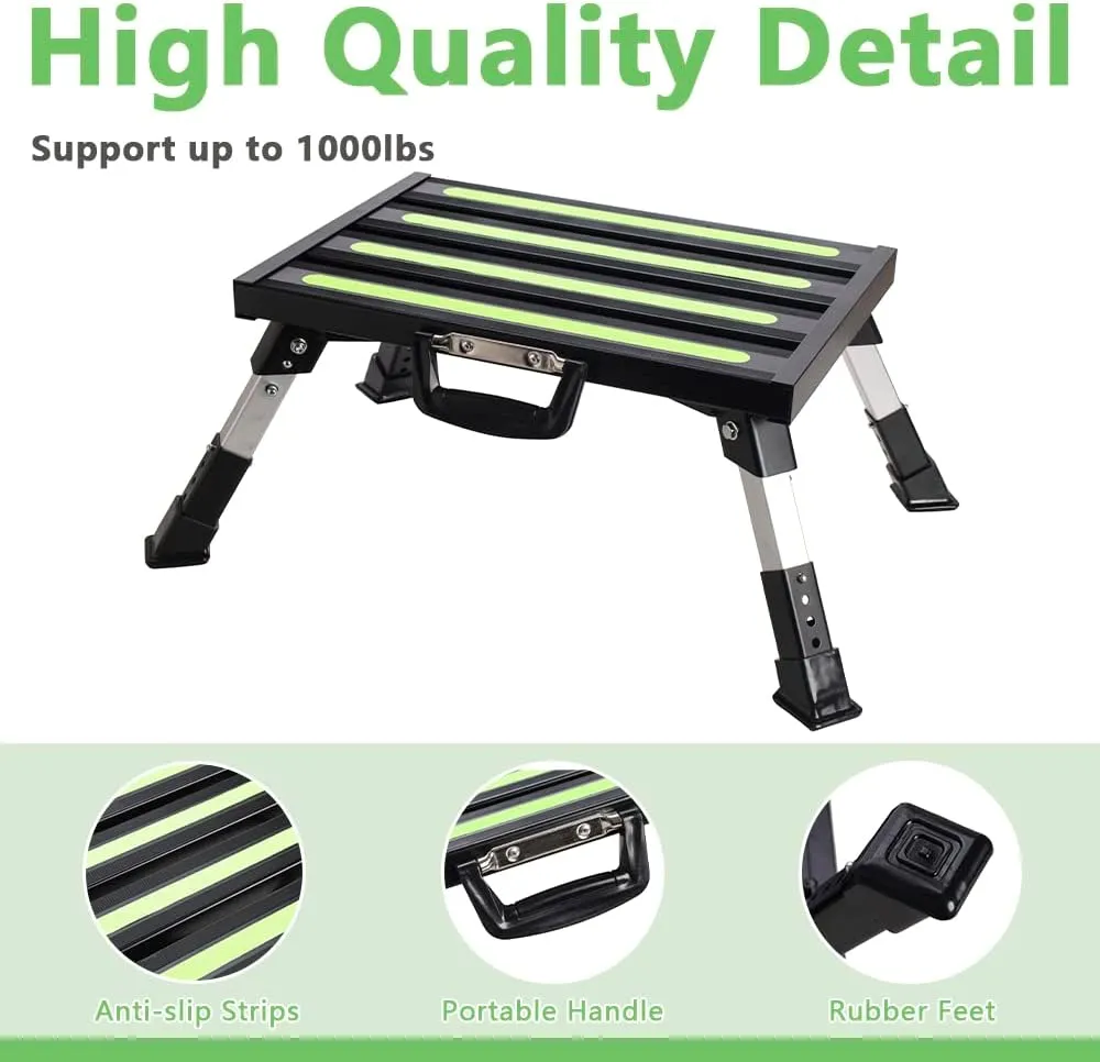 Rv Steps, 4-Level Adjustable Height Folding Camper Steps Non-Slip Fluorescent Strip Aluminum Platform Rv Accessories, Supports Up to 1000 lbs Handle Black