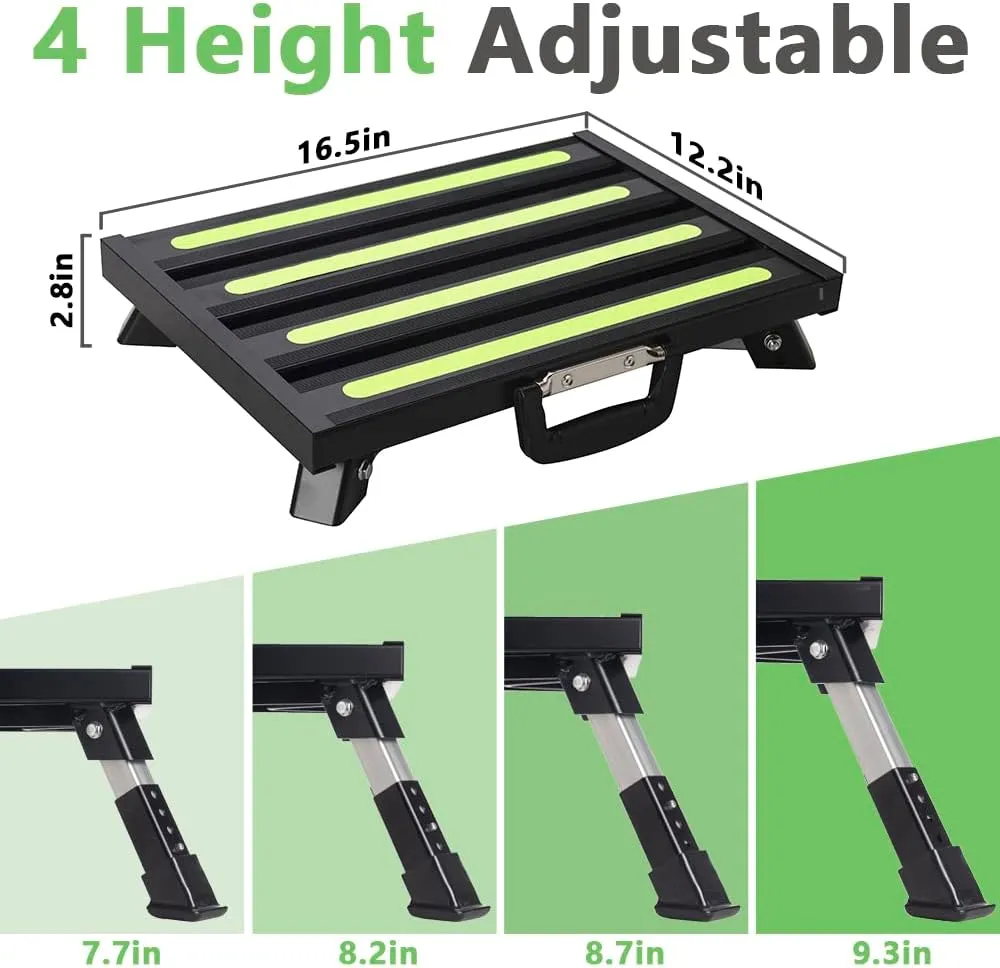 Rv Steps, 4-Level Adjustable Height Folding Camper Steps Non-Slip Fluorescent Strip Aluminum Platform Rv Accessories, Supports Up to 1000 lbs Handle Black