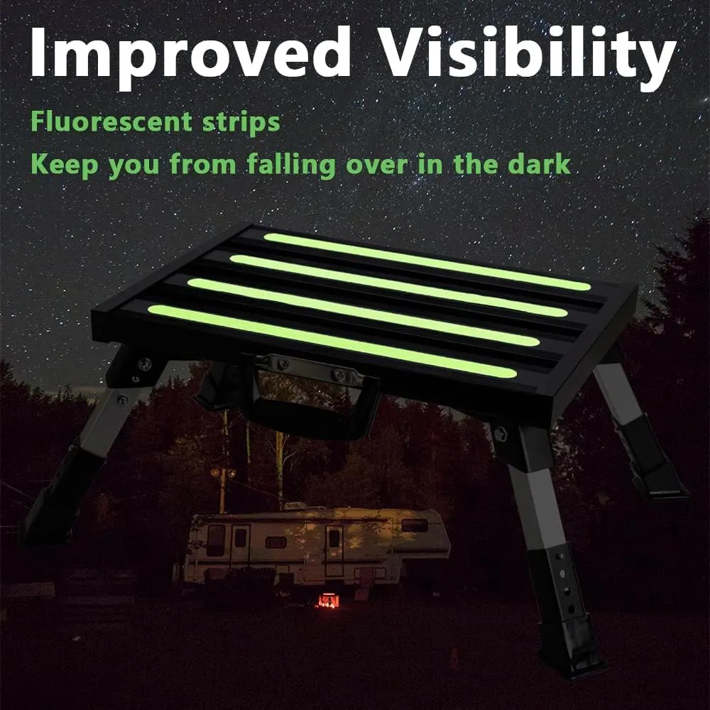 Rv Steps, 4-Level Adjustable Height Folding Camper Steps Non-Slip Fluorescent Strip Aluminum Platform Rv Accessories, Supports Up to 1000 lbs Handle Black