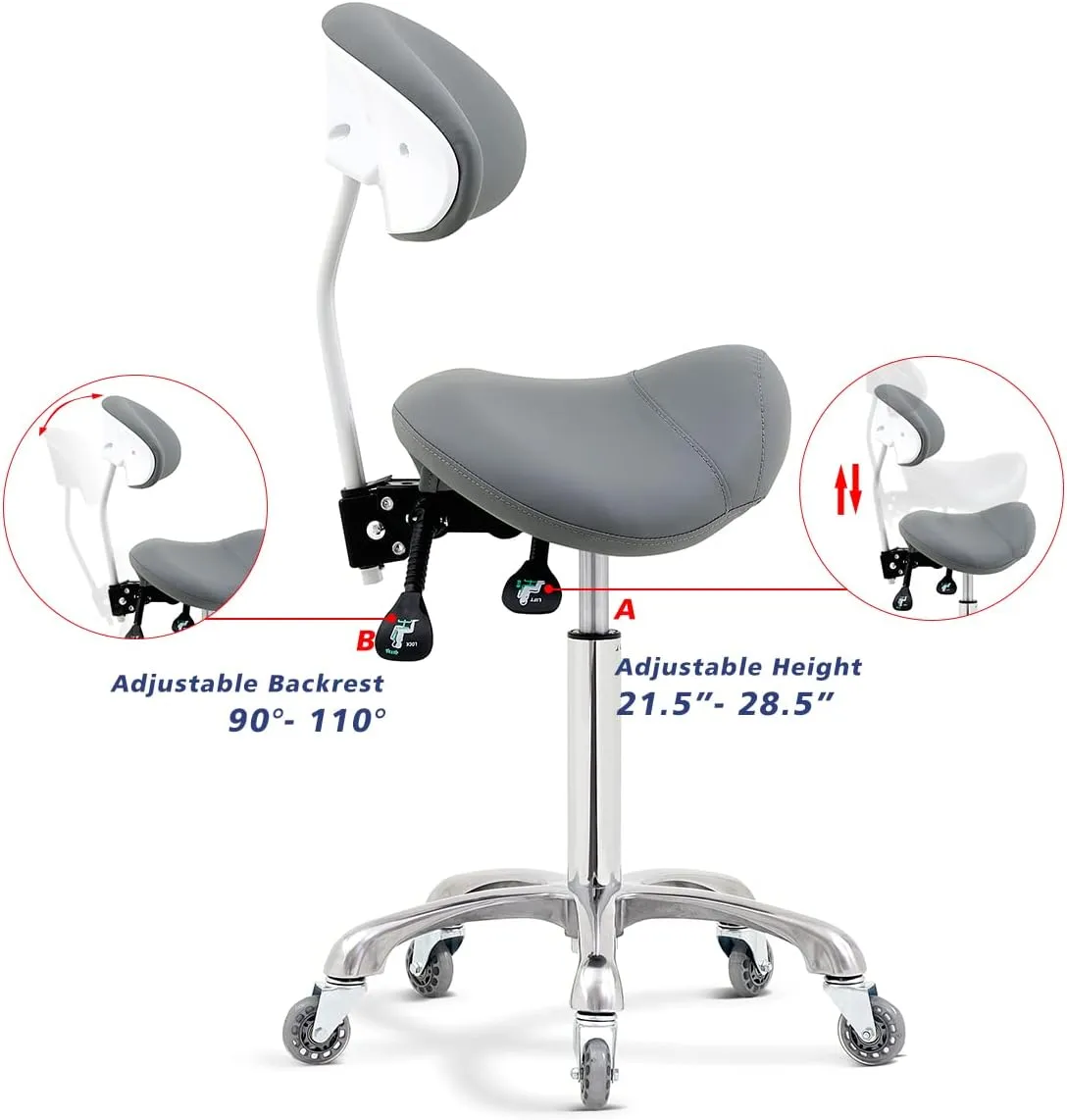 Saddle Stool Rolling Chair with Back Support,Esthetician Tattoo Dental Stool Chair,Lash Chairs for Eyelash Tech Massage Salon(Grey,with Backrest)