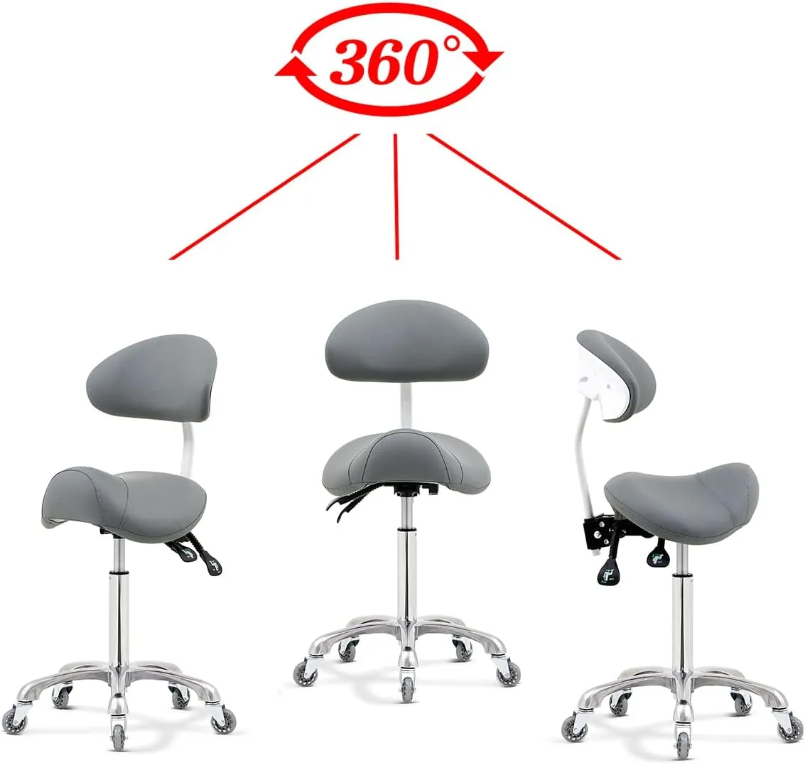 Saddle Stool Rolling Chair with Back Support,Esthetician Tattoo Dental Stool Chair,Lash Chairs for Eyelash Tech Massage Salon(Grey,with Backrest)